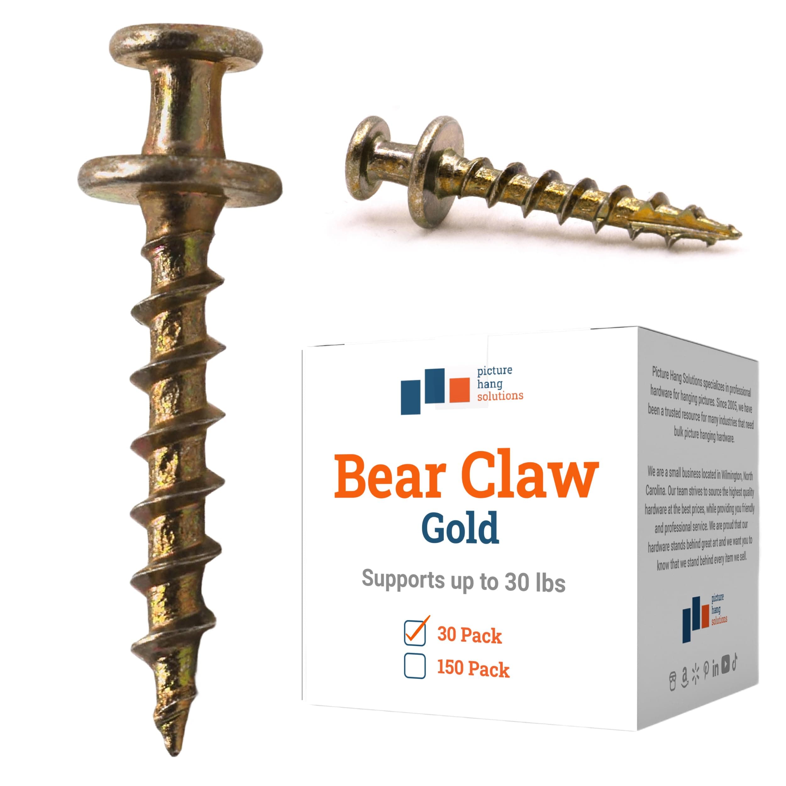 PHS Bear Claw Hanger Screws - 30 Pack Wall Hangers for Pictures - 30 lbs Heavy Duty Picture Hangers for Drywall & Plaster Walls - Gold Picture Hanging Hooks for D-Rings, Sawtooth, Wire and Keyholes