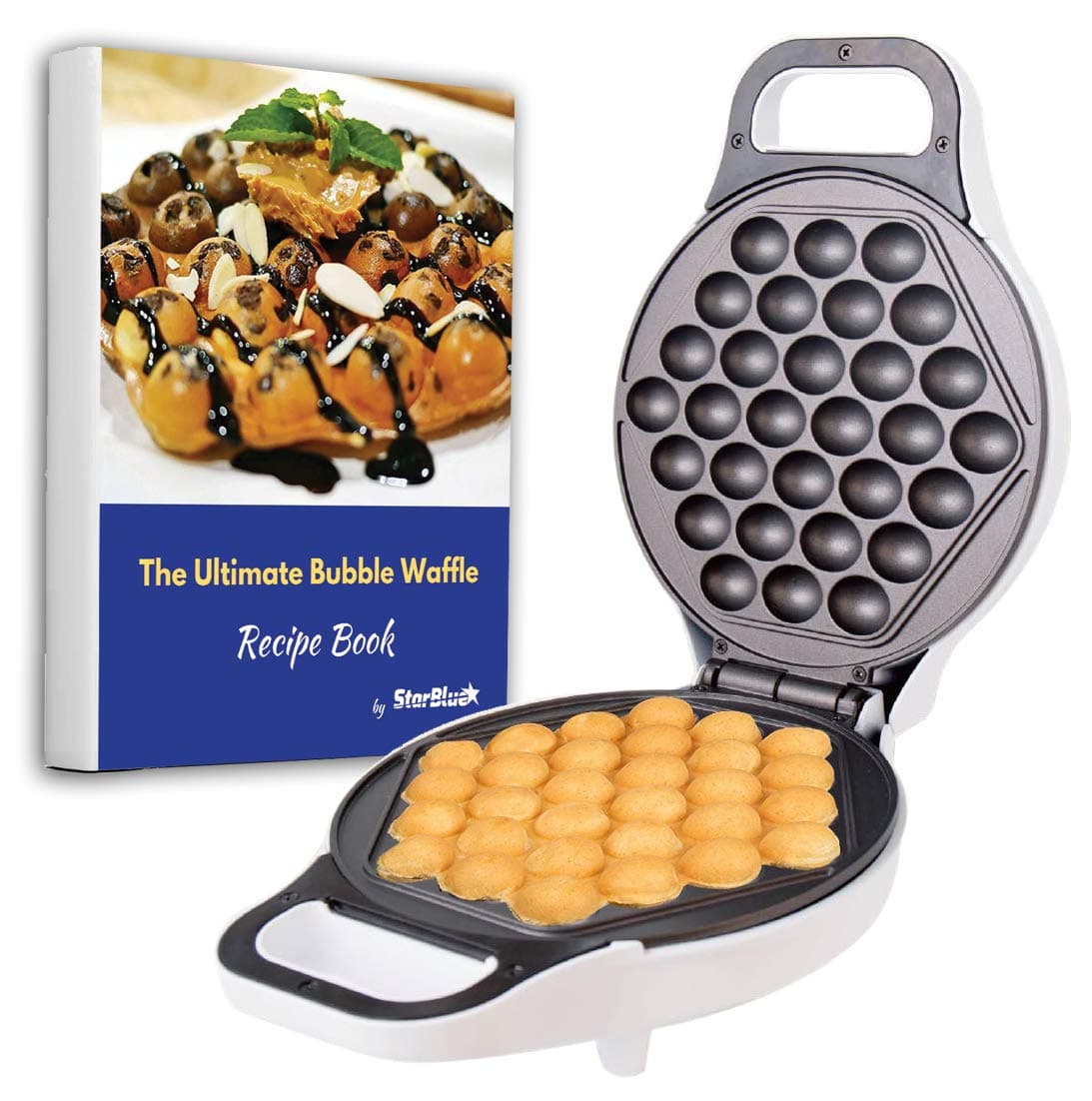 StarBlue Hong Kong Bubble Waffle Maker with BONUS recipe e-book - White - Make Hong Kong Style Bubble Egg Waffle in 5 minutes, AC 220-240V 50/60Hz 640W