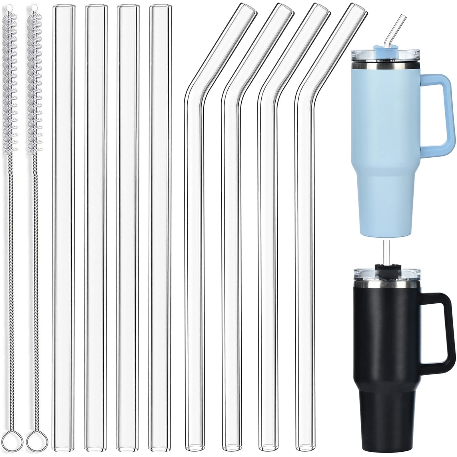 8 Pack Replacement Glass Straws for Stanley 40 oz 30 oz Tumbler, 12 in Long Reusable Clear Straws for Stanley Cup Accessories, Half Gallon Jug, Plus 2 Cleaning Brush