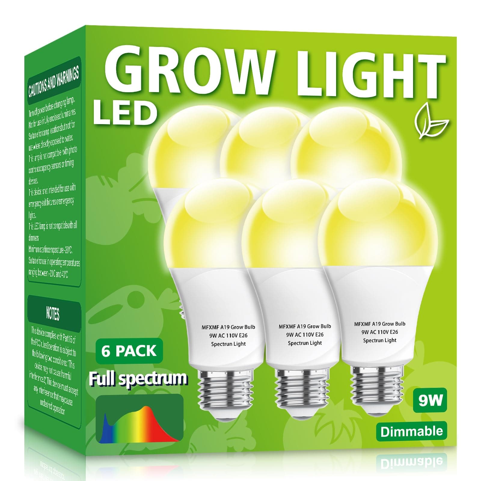 6 Pack LED Grow Light Bulb A19 Bulb, Full Spectrum Plant Light Bulb, 9W E26 Grow Bulb Replace up to 80W, Grow Light for Indoor Plants, Flowers, Greenhouse, Indore Garden, Hydroponic