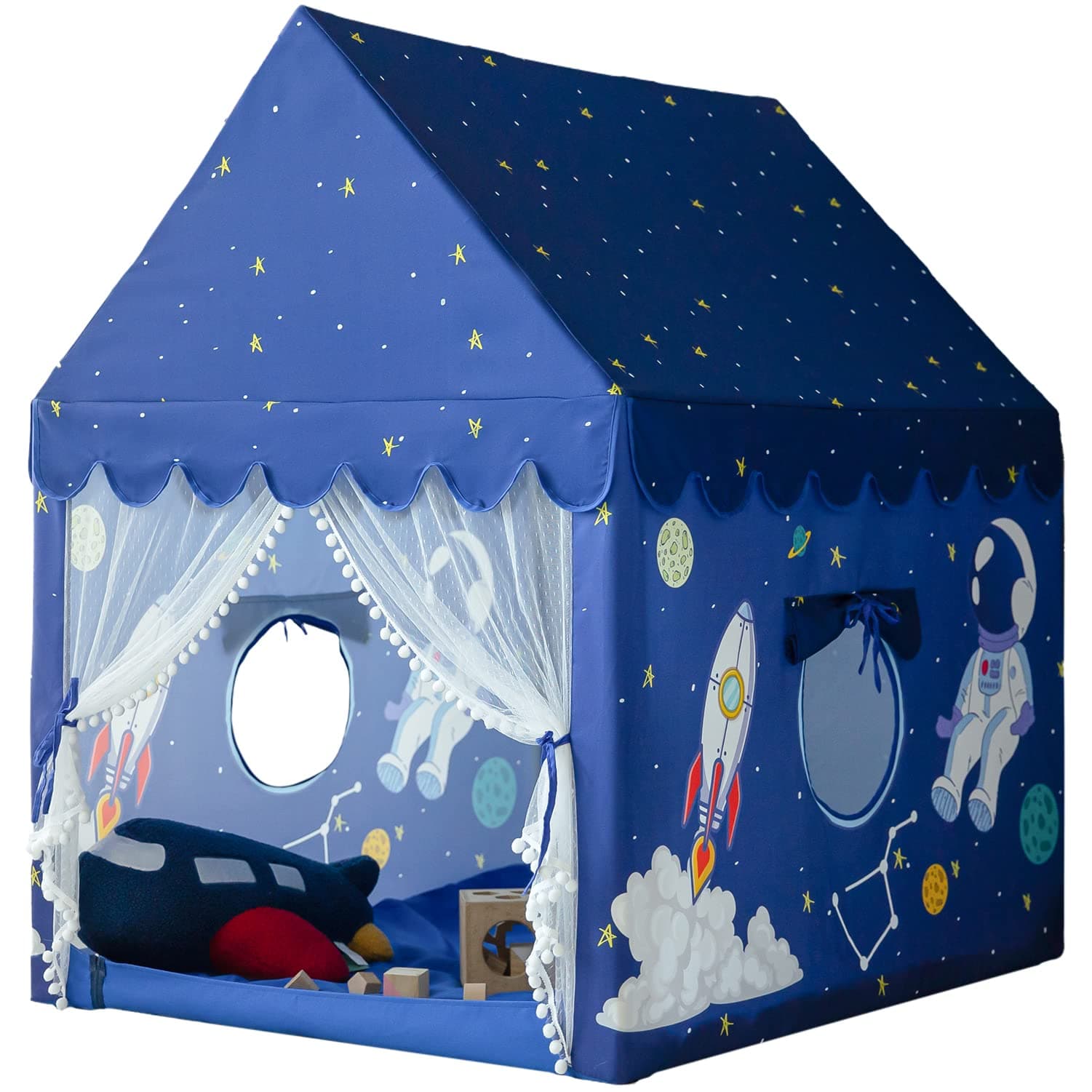 Kids Play Tent Playhouse Indoor Tent for Kids Boys Toddler, Large Castle Play House Bed Tents Spaceship Outer Space Rocket Blue, Kid Toys for Boy Girl Birthday House Gift