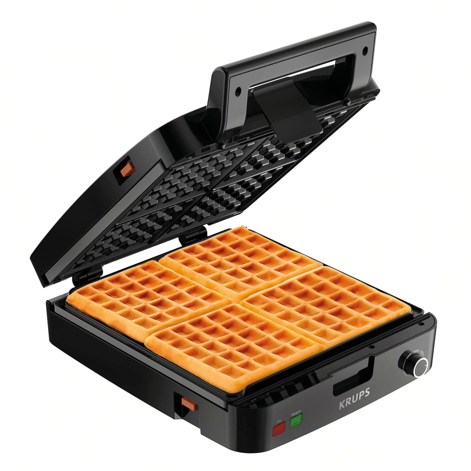 KRUPS 4-Slice Belgian Waffle Maker: Stainless Steel, 5 Browning Levels, Audible Ready Beep, Removable Plates, 1200W, Silver/Black, Large Waffle Maker Family Size, Great for Family Breakfasts