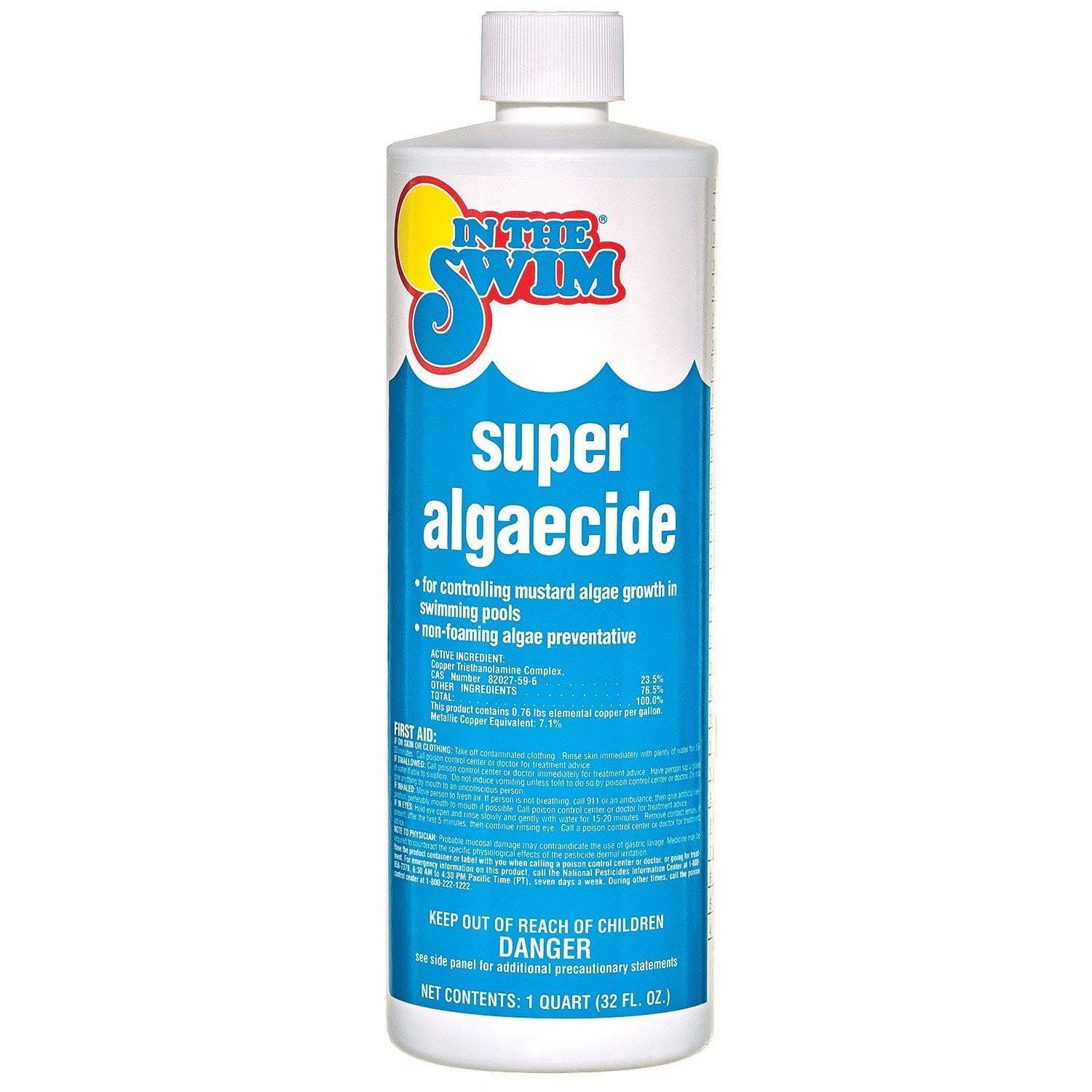 Super Algaecide for Above Ground or Inground Swimming Pools – Low Odor, Non-Foaming Preventative for Yellow/Mustard Algae in Swimming Pools - 7.1% Chelated Copper – 1 Quart