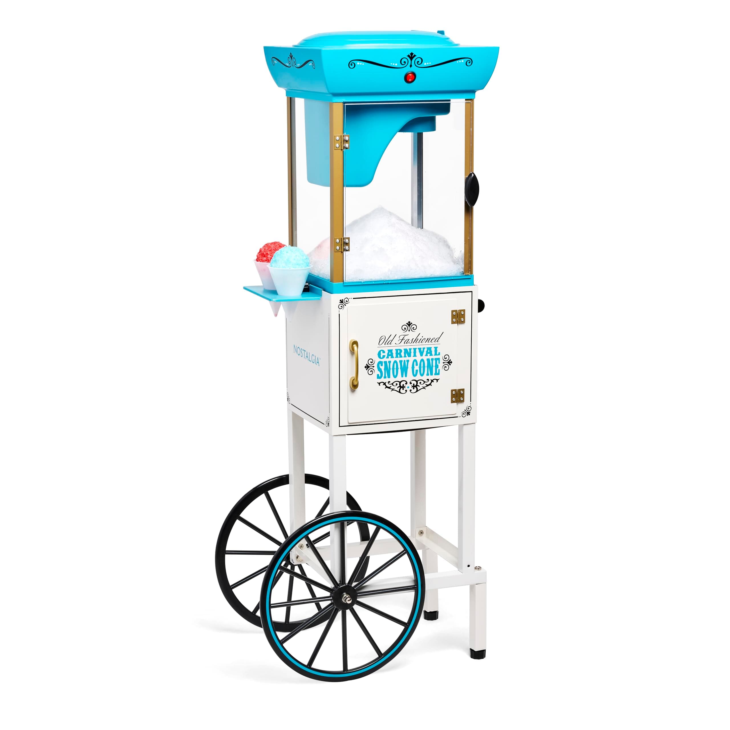 Nostalgia Snow Cone Shaved Ice Machine - Retro Cart Slushie Machine Makes 48 Icy Treats - Includes Metal Scoop, Storage Compartment, Wheels for Easy Mobility - White, Blue