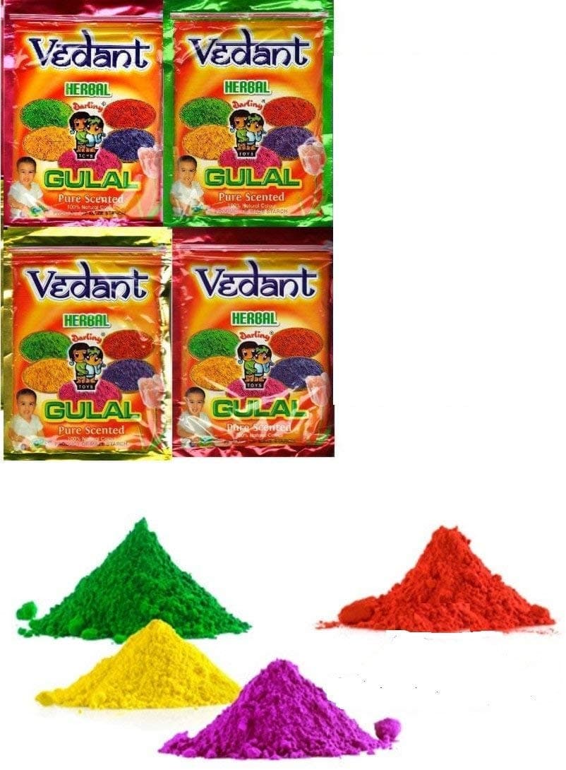 Vedant Non Toxic Holi Herbal Gulal Pouch (Assorted Colours, 100 g) Pack of 4 Pieces