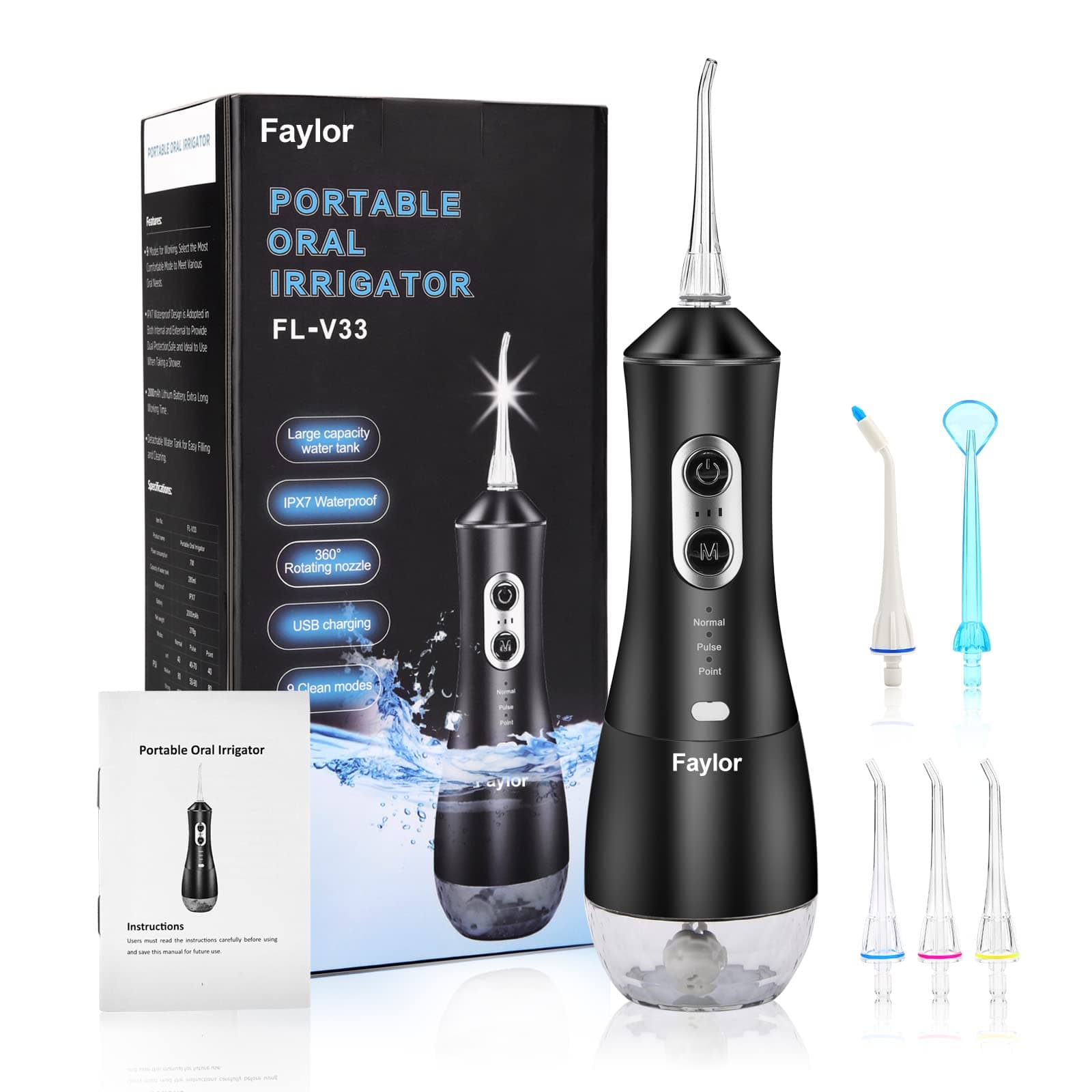 Faylor Water Flosser Dental Floss, 9 Cleaning Modes Cordless Flossing Teeth Cleaner with 6 Jet Tips, IPX7 Waterproof Oral Irrigator