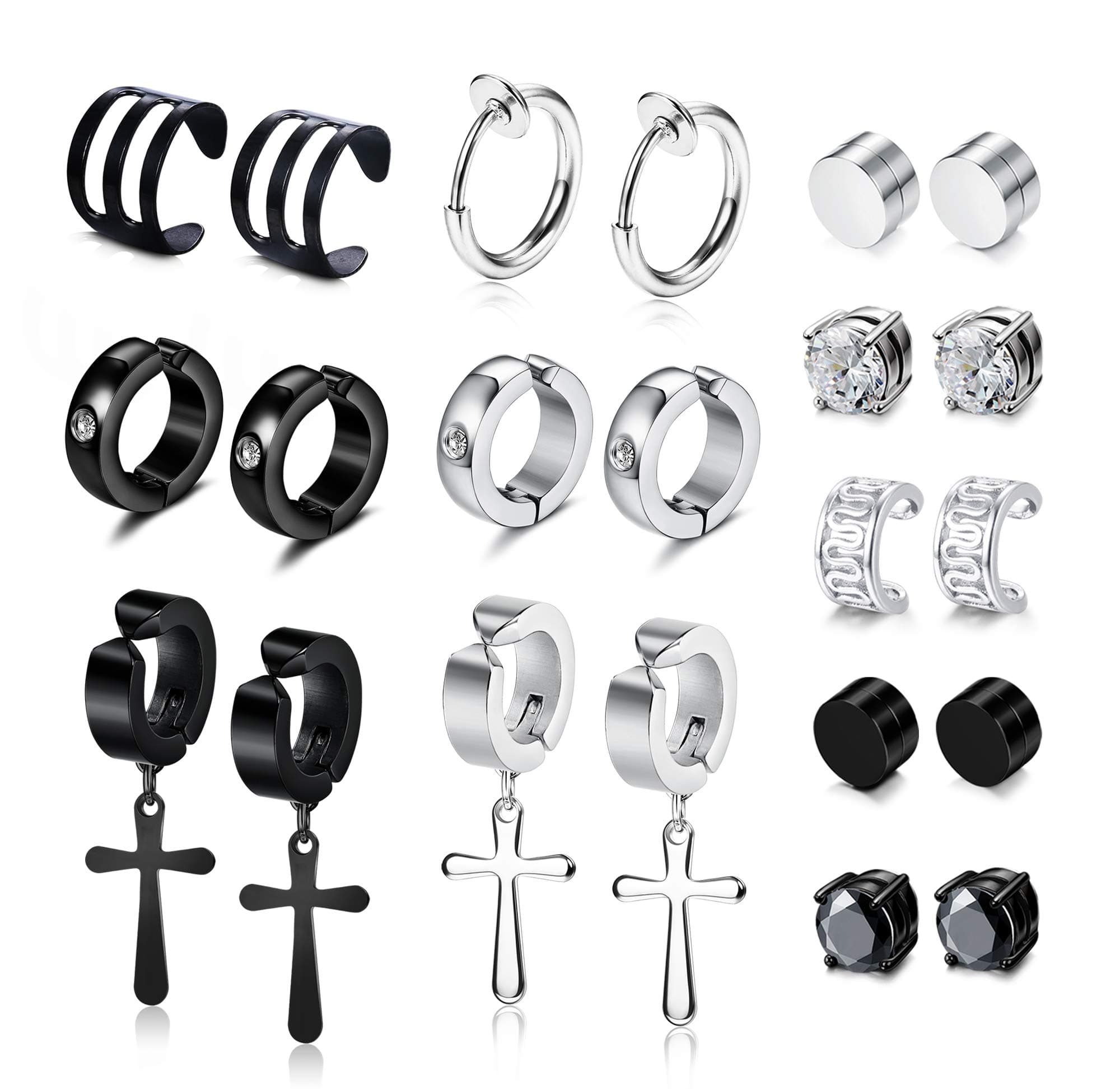 YADOCA 11 Pairs Non-piercing Cross Dangle Hoop Earrings Stud Earrings Unisex Fake Ear Hoop Cuff Helix Clip on Cartilage No Piercing Stainless Steel