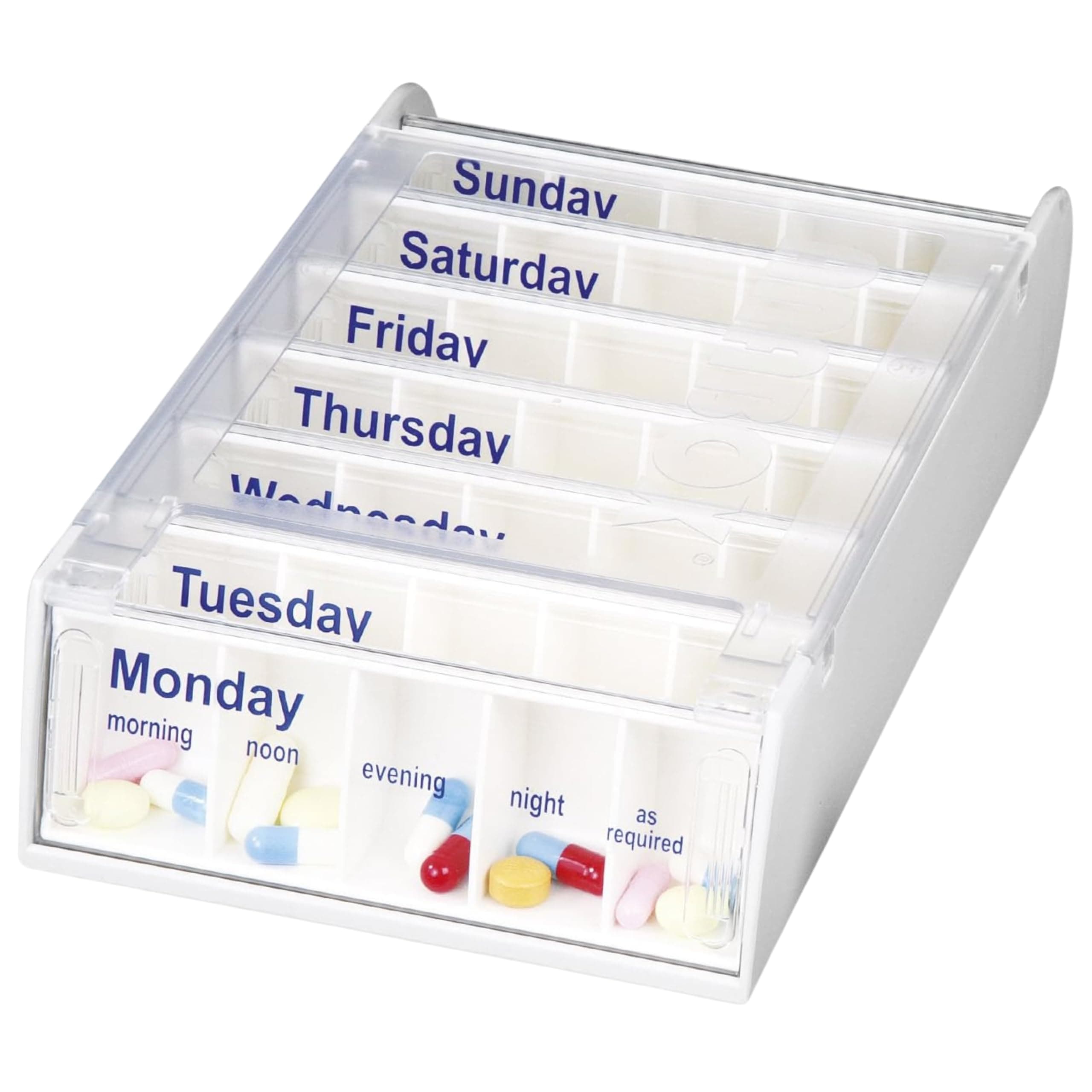 Patterson Medical Weekly Pill Organiser – 7 Day Box with 5 Daily Compartments – Detachable, Portable Tablet Pots for Medication, Vitamins and Supplements with Sliding Lids