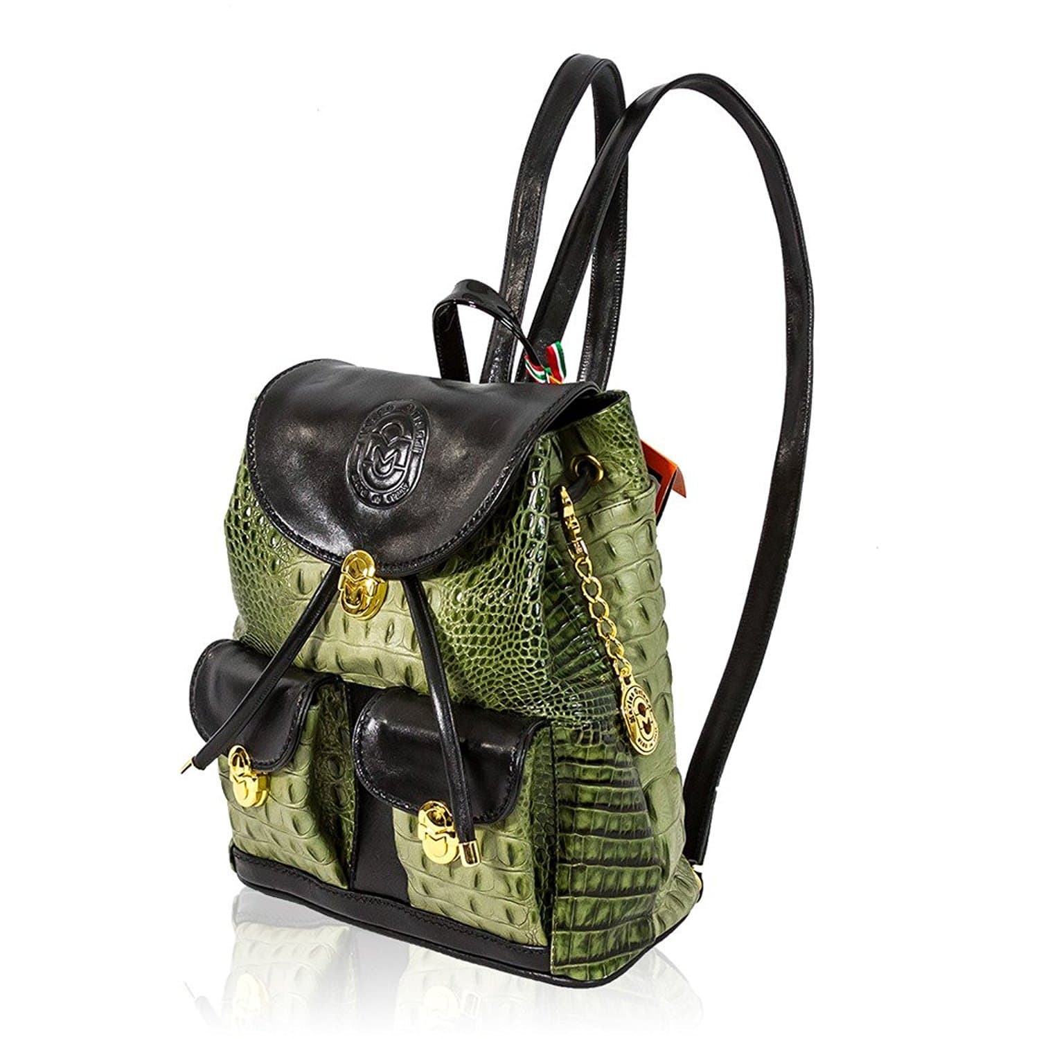 Marino Orlandi Italian Designer Green Alligator Embossed Leather Backpack Sling