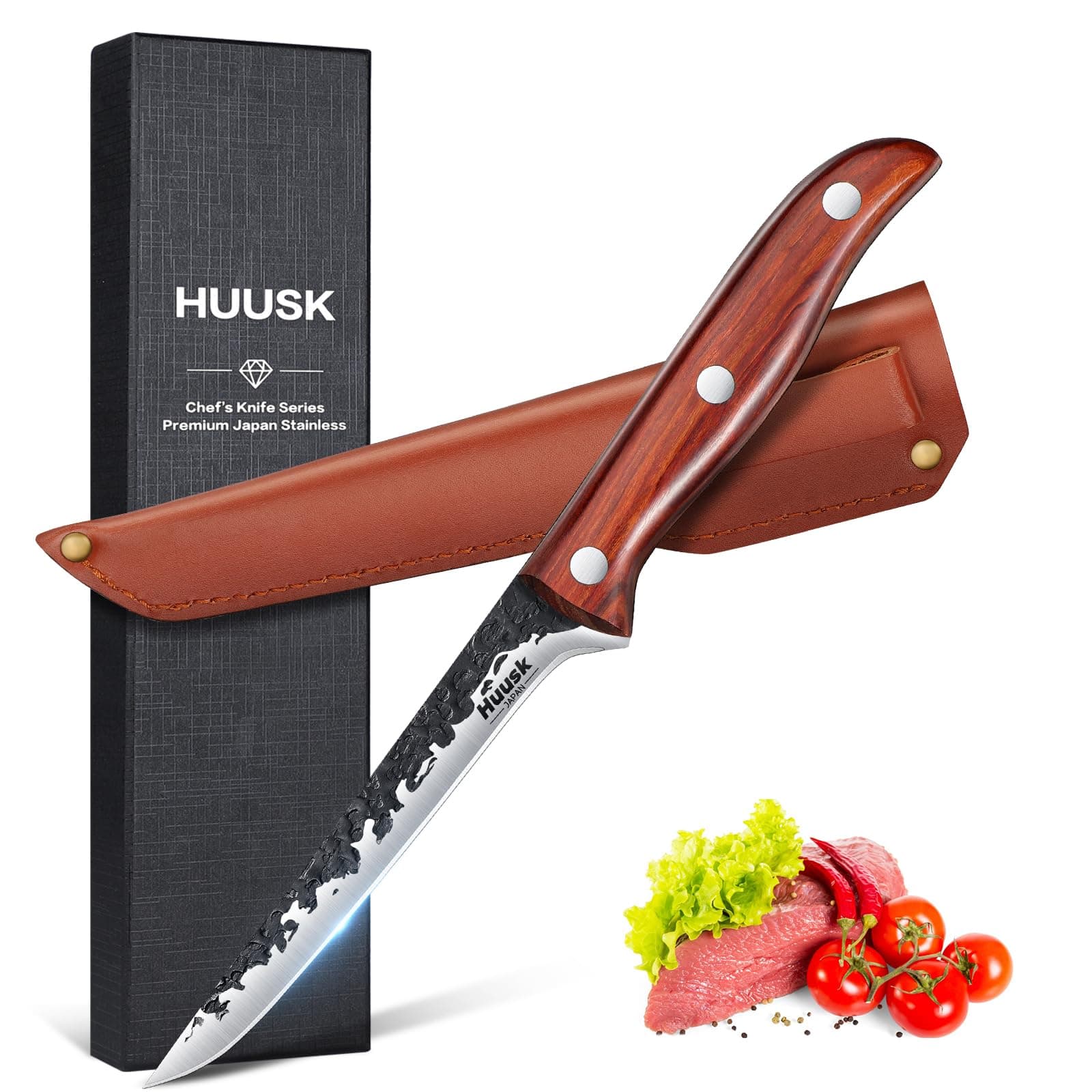 Huusk Boning Knife for Meat Cutting Deboning Butchering,Japanese Fillet Knives with Sheath,Brisket Trimming Knife,Full Tang Hand Forged Camping BBQ 5 Inch Gift for Dad