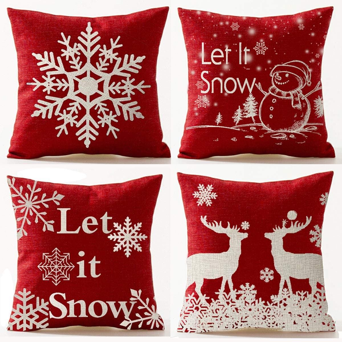 AndreannieSet of 4 Red Merry Snowflakes Happy Winter Let It Snow Red Cotton Linen Throw Pillow Case Personalized Cushion Cover Home Decorative Square 18 Inches