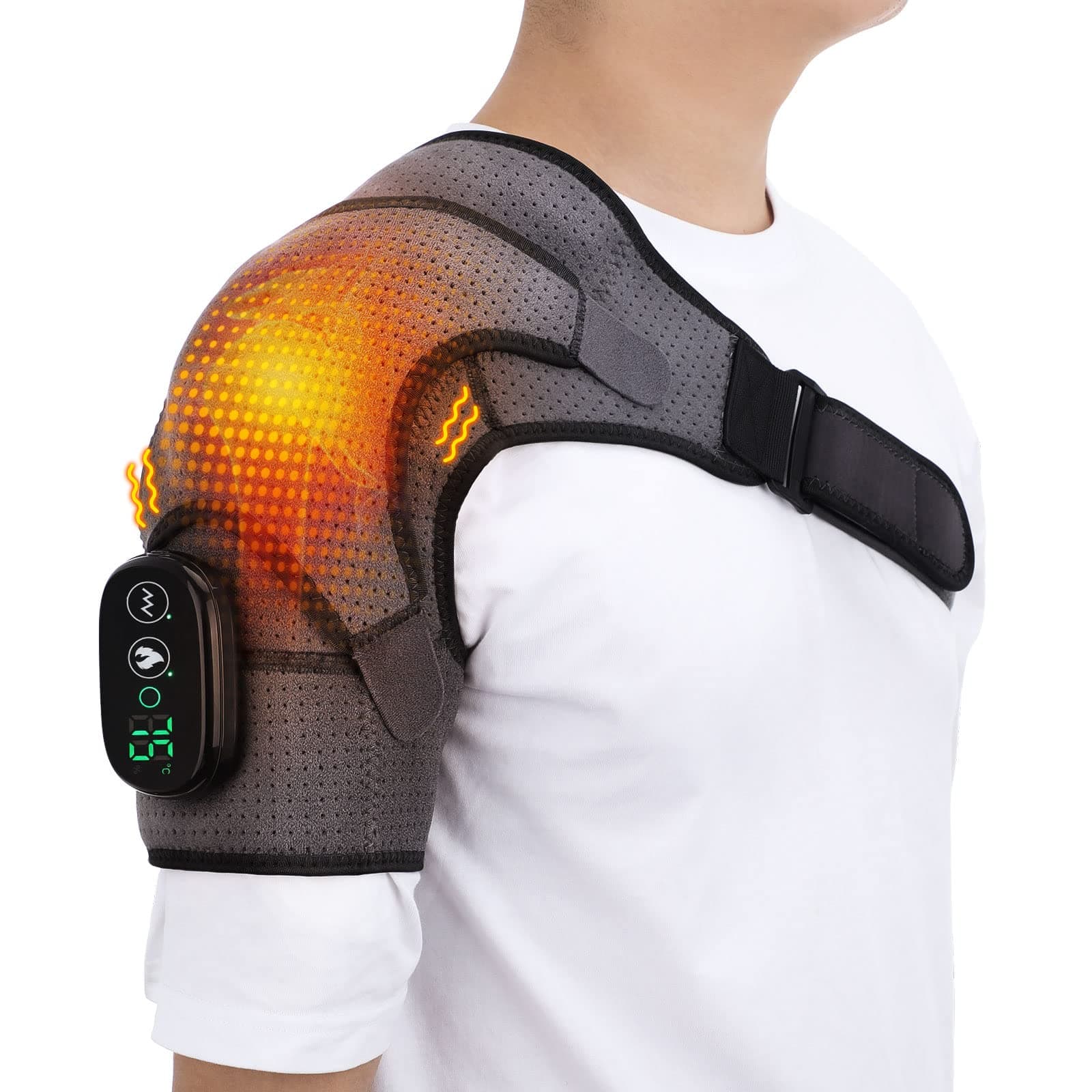 AFDEAL Heated Shoulder Wrap Brace Support with Vibration, Heating Electric Shoulder Wrap with Massage, 3 Modes Cordless Vibration Shoulder Pad for Men and Women, Fits for Left or Right Shoulder, Grey