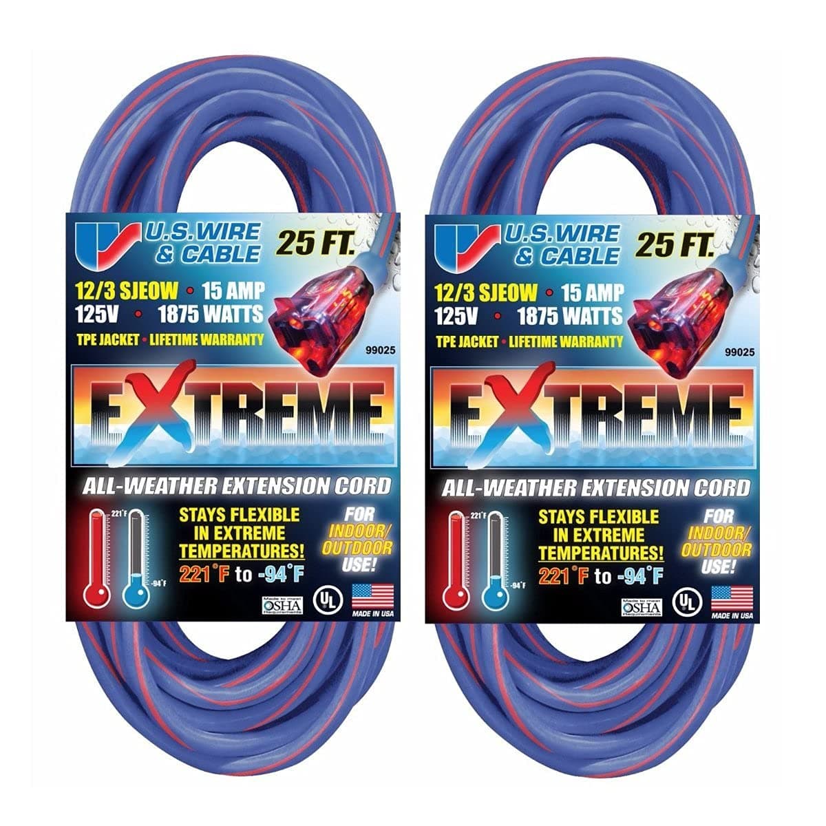 US Wire 99025 12/3 SJEOOW Blue and Red 3-Wire Grounded Extreme Extension Cord with Female Illuminated Plug (25-Feet) Bundle (2 Items)