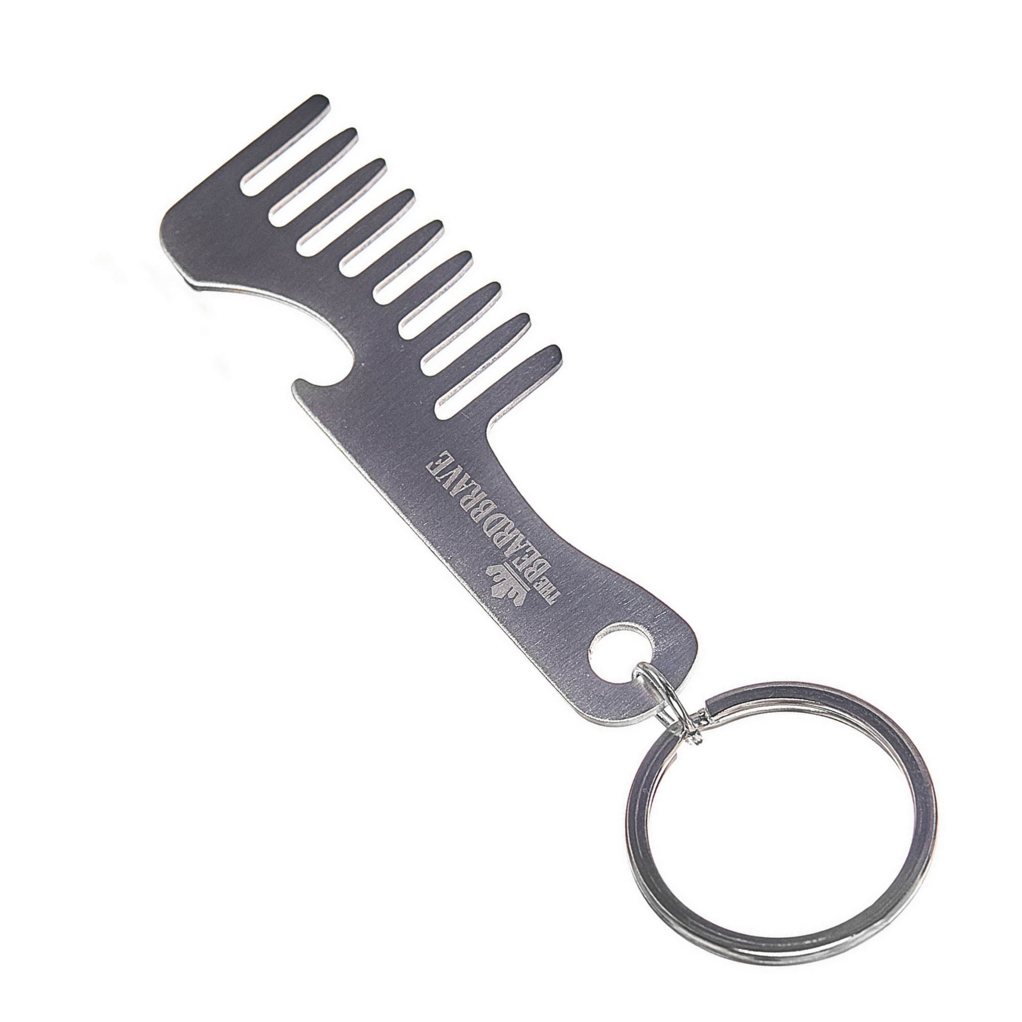 IMPROVED Design - Keychain Bottle Opener - Beard and Mustache Comb for Mens on the Go - Beer Opener - Stainless Steel - Key Ring by The Beard Brave