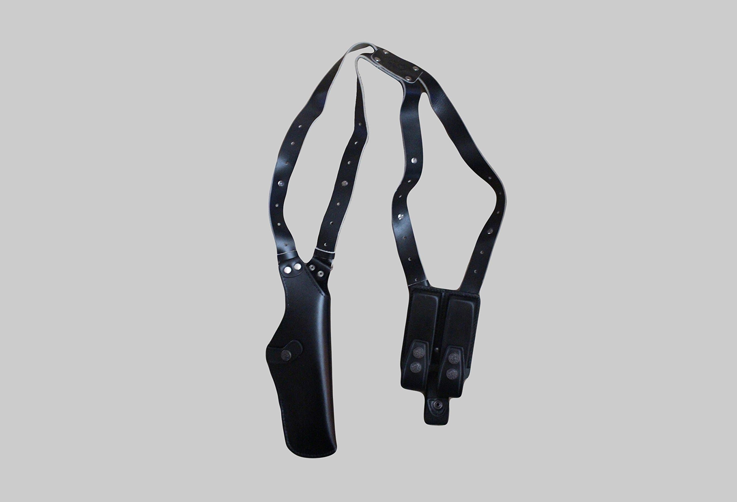 K45303 Leather Vertical Shoulder Holster with Double Magazine Pouch Soft Fabric Interior Lining Colt 1911 up to 5" RH Handmade! Free Extension for Big Body Size! (Black)