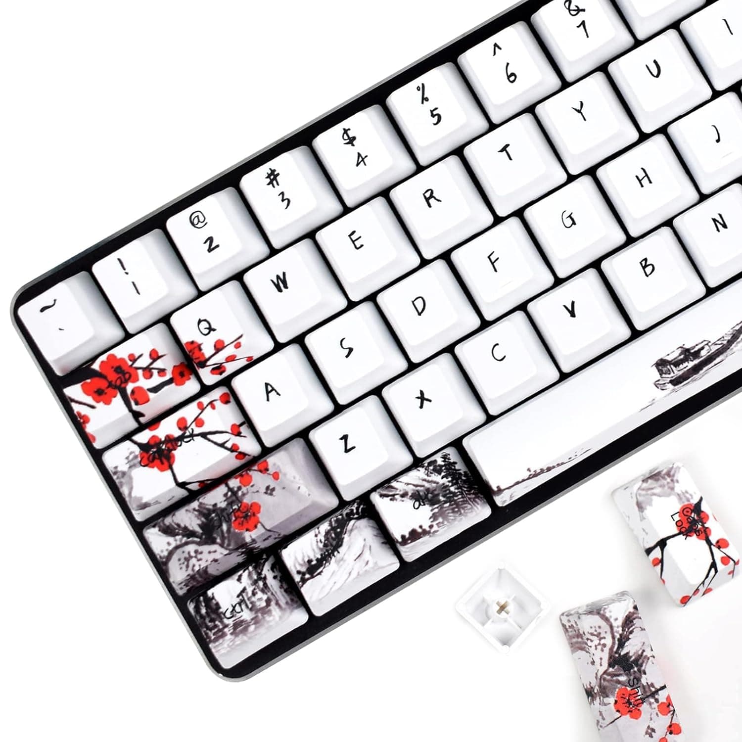 MOLGRIA Keycaps 71 Set for Gaming Mechanical Keyboard, Custom PBT OEM Profile Key caps Japanese Style with Keycap Puller for Cherry MX 71/61 60 Percent Keyboard(Plum Blossom)