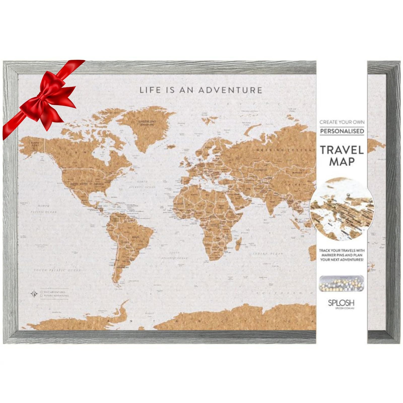 Large Maps. World Map Pin Board in Grey, Wooden Frame. World Map Cork Board with 100 Pins in 2 Colours to Mark Your Past and Future Adventures. Framed World Maps for Wall. (Grey)