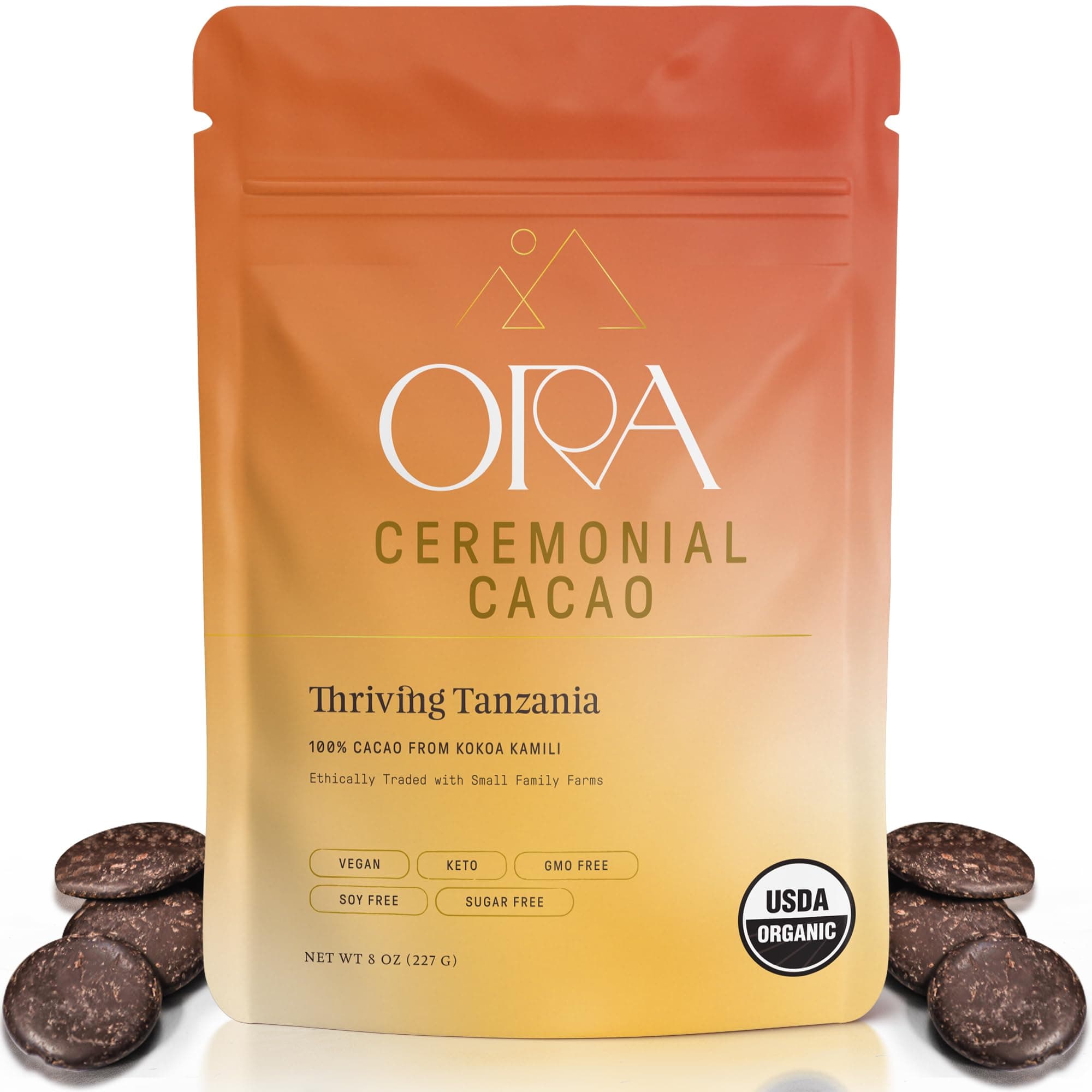 ORA Ceremonial Cacao - Thriving Tanzania - Organic 100% Cacao - Ethical - Regenerative - High Flavanol - Coffee Alternative - Better Energy - Heavy Metals Tested - Unsweetened - 8oz