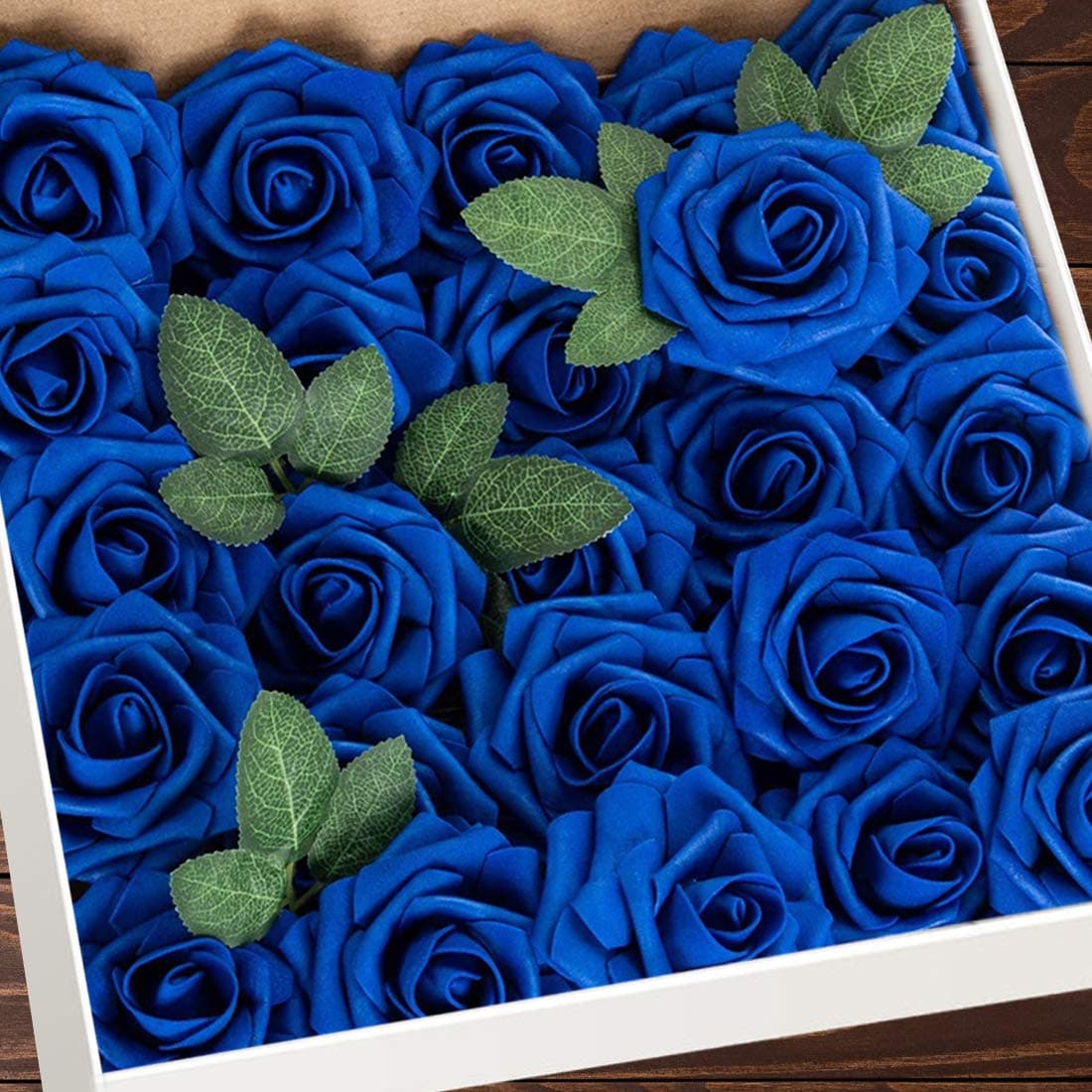 Artificial Flowers 25pcs Real Looking Royal Blue Foam Fake Roses with Stems for DIY Wedding Bouquets White Bridal Shower Centerpieces Arrangements Mothers Day Party Tables Decorations