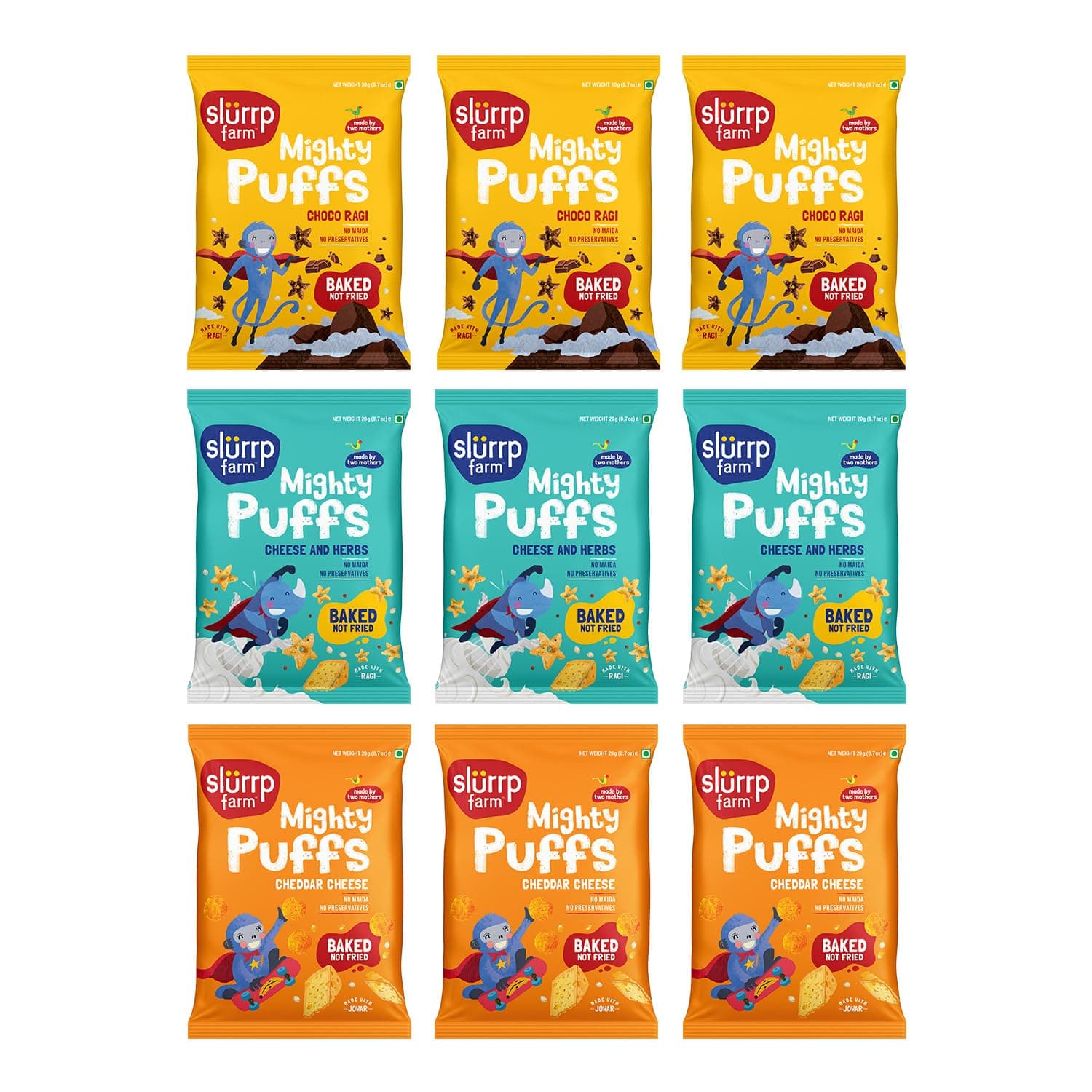 Mighty Jowar Puffs | Khatta Meetha, Mild Masala and Cheddar Cheese | Not Fried, No Maida | Healthy Snacks for Kids, School Tiffin and Travel-Friendly | 9 x 20g packs