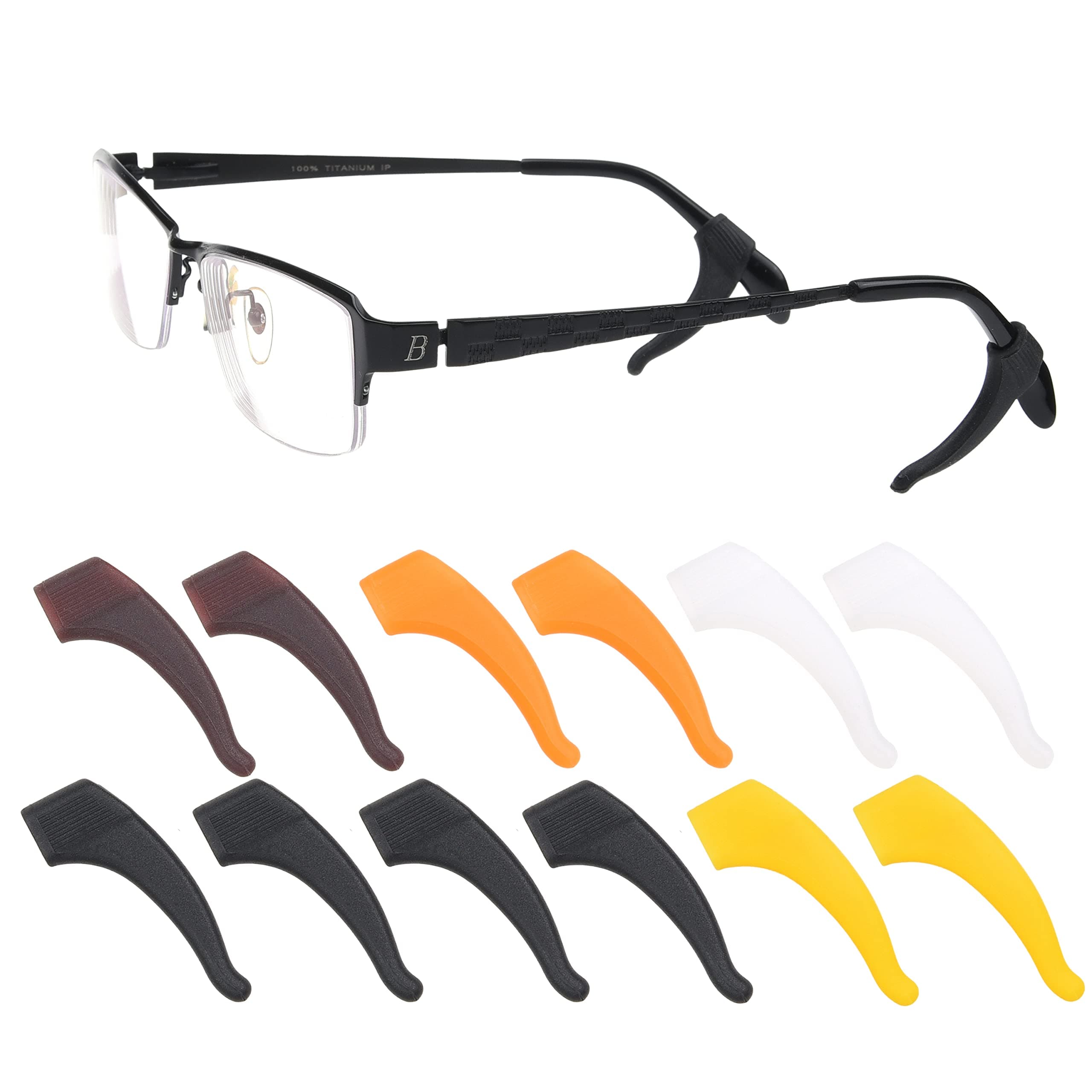 Eyeglass Ear Grip Hooks - 8 Pair - 2x black, 2x transparent white, 2x Brown, 1x yellow, 1x Orange Perfect Fit - Prevents Your Glasses from Slipping Off - with Diamond Shield Cloth and Pack