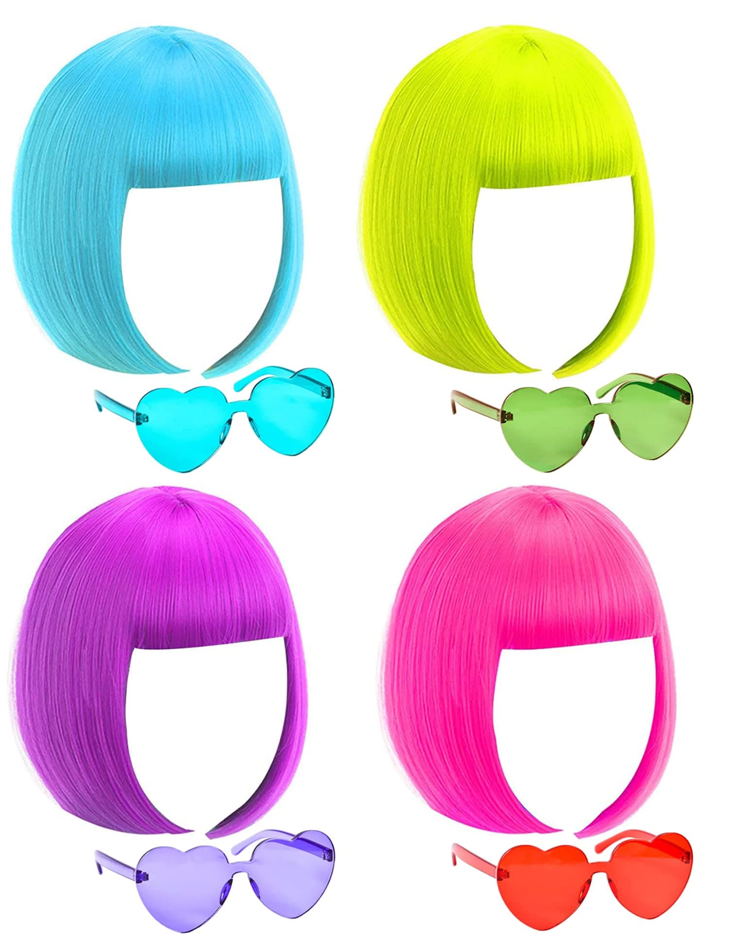 Colored Wigs with Flat Bangs 4 Pack,Neon Short Bob Wig,Wig Cap, Heart Bachelorette Sunglasses Pack Costume Colorful Cosplay Wig for St. Patrick,Christmas,Cosplay Party and Night Club