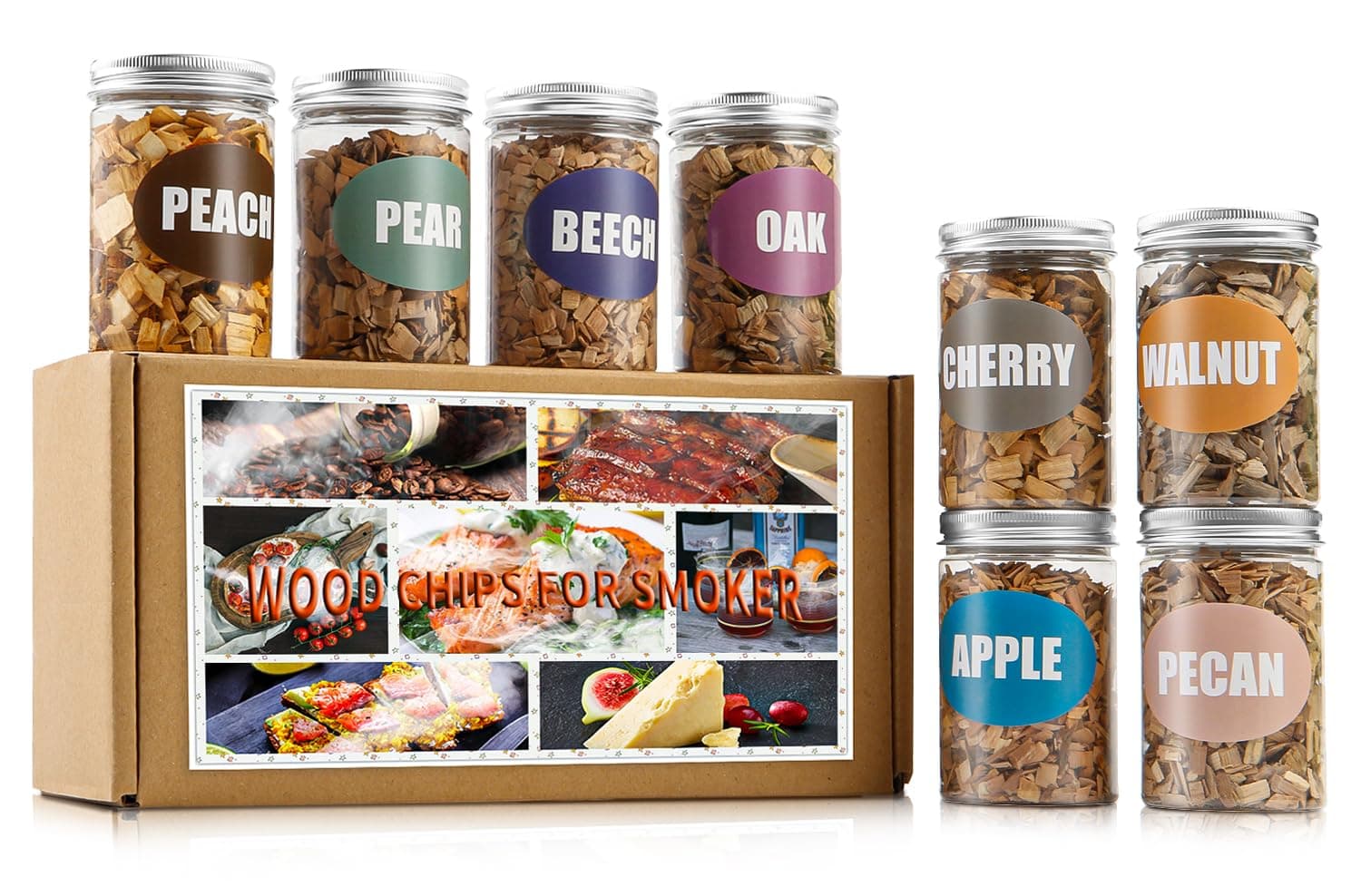 Natual Wood Chips for Smoking Gun and BBQ Grilling, (8 PCS - Apple, Cherry, Oak, Pecan, Pear, Peach, Walnut, Beech) 8 OZ Each| Premium Smoker Woodchips Set for Beef Pork Chicken Fish and Whisky