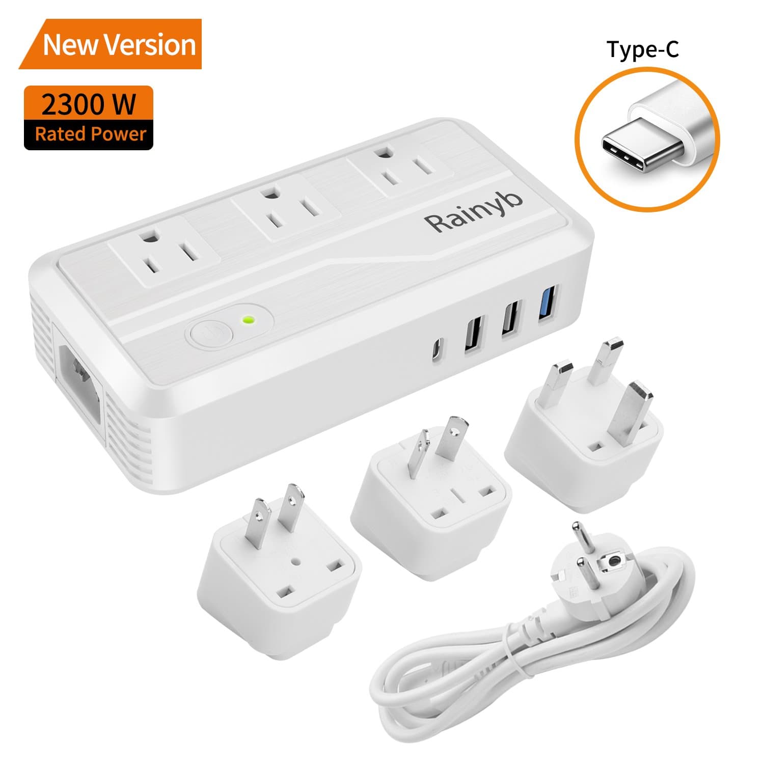 Universal Travel Adapter,Rainyb 2300W Power Converter 220v to 110v Voltage Converter with 3-Port USB Charging,Type-C and UK//US/EU Worldwide Plug Adapter,Converter for Hair Dryer (White)