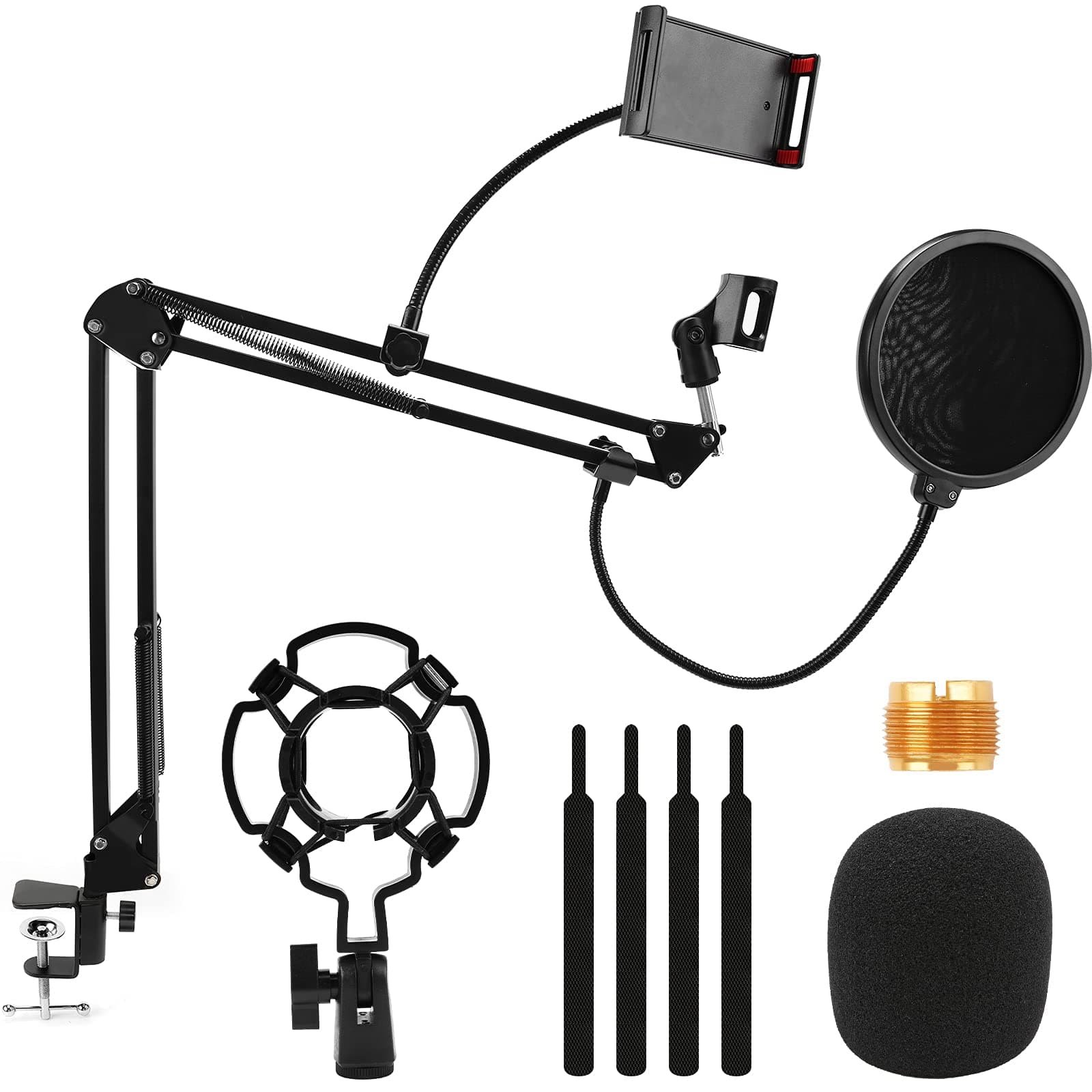 AccLoo Microphone Stand, Adjustable Suspension Boom Scissor Mic Stand for Recording Equipment with Shock Mount, Mic Clip Holder, Pop Filter, 3/8'' to 5/8'' Adapter, Table Clamp, Mic Cap, Cable Ties