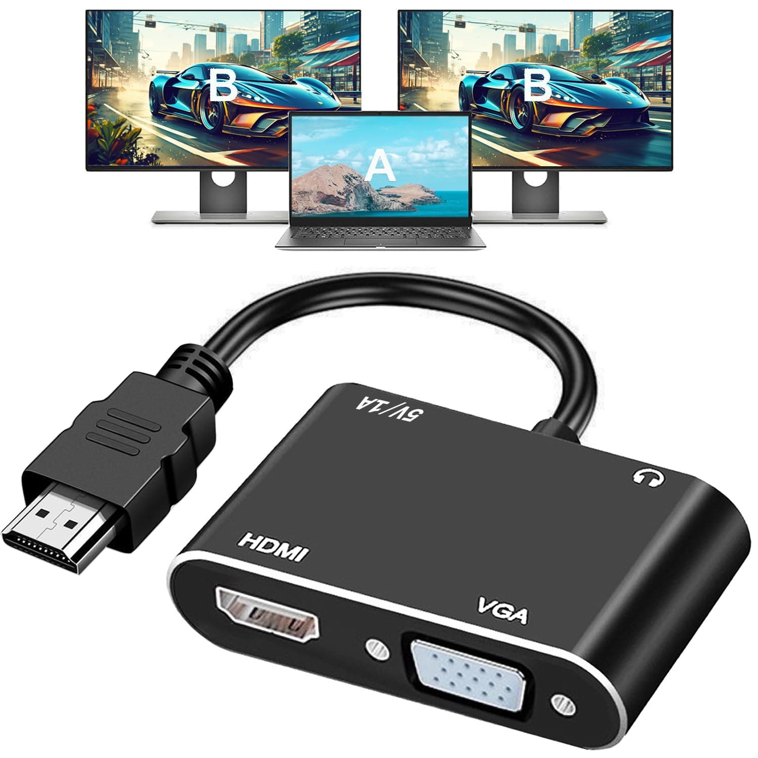 HDMI to VGA+HDMI Adapter for Dual Monitor, HDMI to VGA & HDMI Splitter 1 to 2,1080P@60HZ Full HD Display Video Converter Compaitble with Windows/Mac Os/Linux, Plug & Play