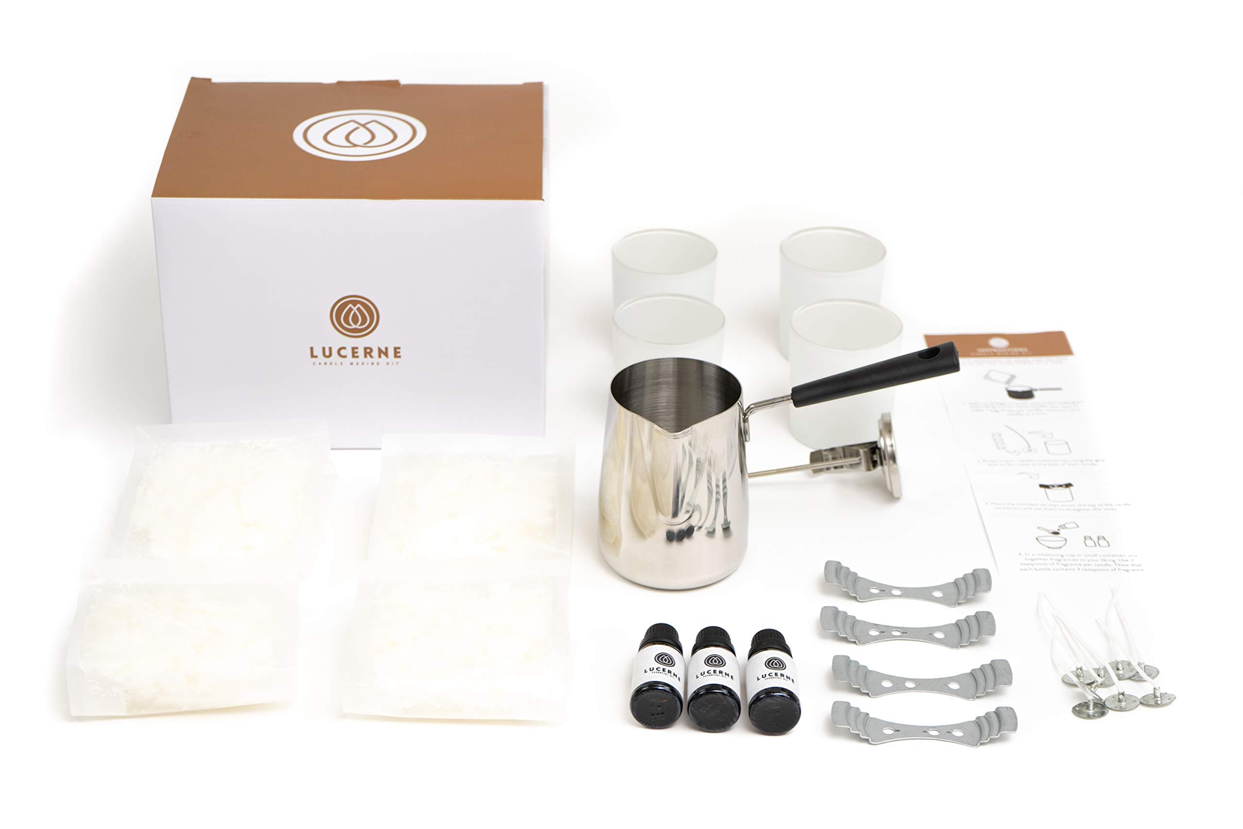 Premium DIY Candle Making Kit from Lucerne-Comes with Natural Soy Wax, 3 Pure Essential Oils (Lavender, Eucalyptus, Lemon), 4 Glass Containers, Cotton Wicks, Melting Pitcher, Easy Instructions & More