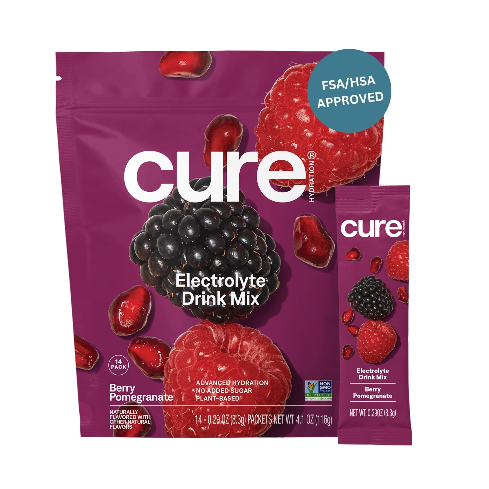 - Cure Hydration | Plant-Based Electrolyte Drink Mix | No Added Sugar | FSA-HSA | Dehydration Relief Powder Made with Coconut Water | Non-GMO | Vegan | Pouch of 14 Packets - Berry Pomegranate