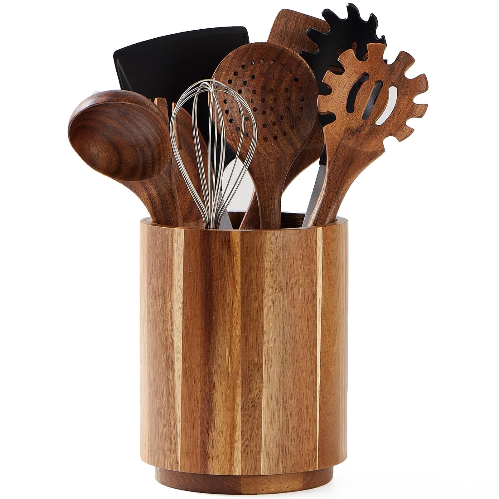 Acacia Wood Utensil Holder, 360° Rotating, Large Countertop Organizer, Farmhouse Kitchen Decor