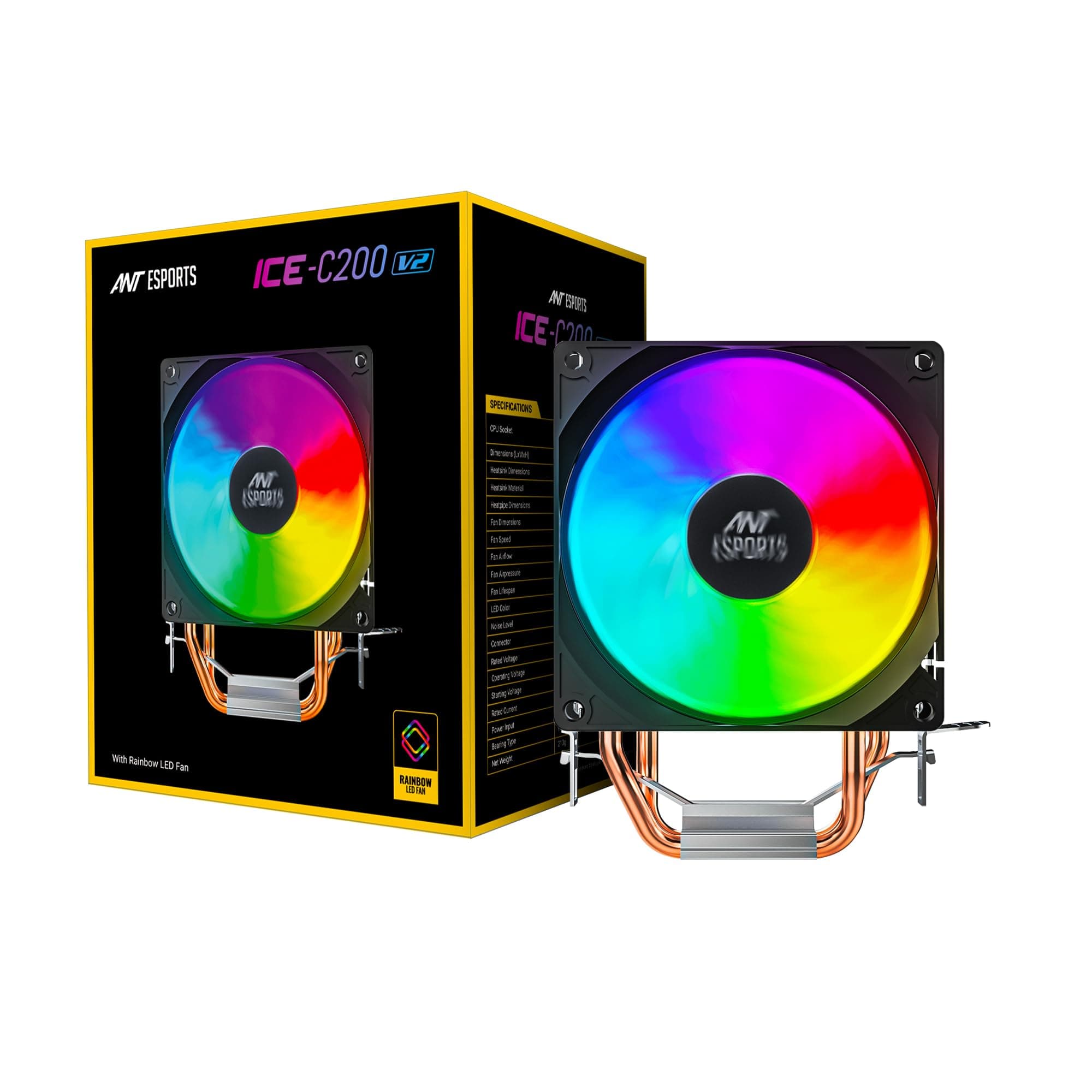 ICE-C200 CPU Cooler/CPU Fan with Rainbow LED Fan | 128mm Tall, 90mm Fan, Supports Intel LGA1150-1700 & AMD FM1-AM5, 12.8cm x 9cm x 12.8cm, Desktop Compatible
