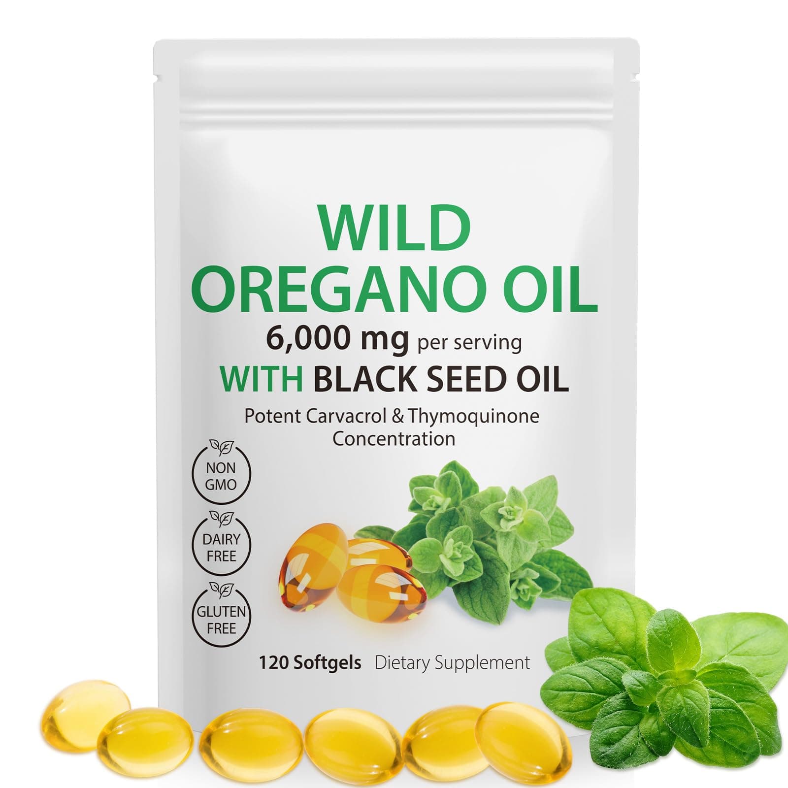Oregano Oil Capsules,2 in 1 6000mg Oil of Oregano with Black Seed Oil, Wild Oregano Oil Immune and Antioxidant Support,Non-GMO,Gluten Free,120 Softgels (1 Bag)