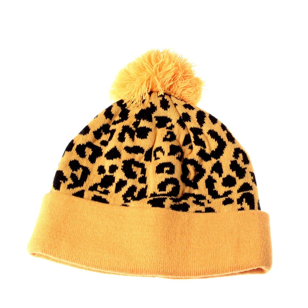 Yellow Cheetah Pom Beanie Leopard Print Pattern Cuffed Knit Hat Winter Cap