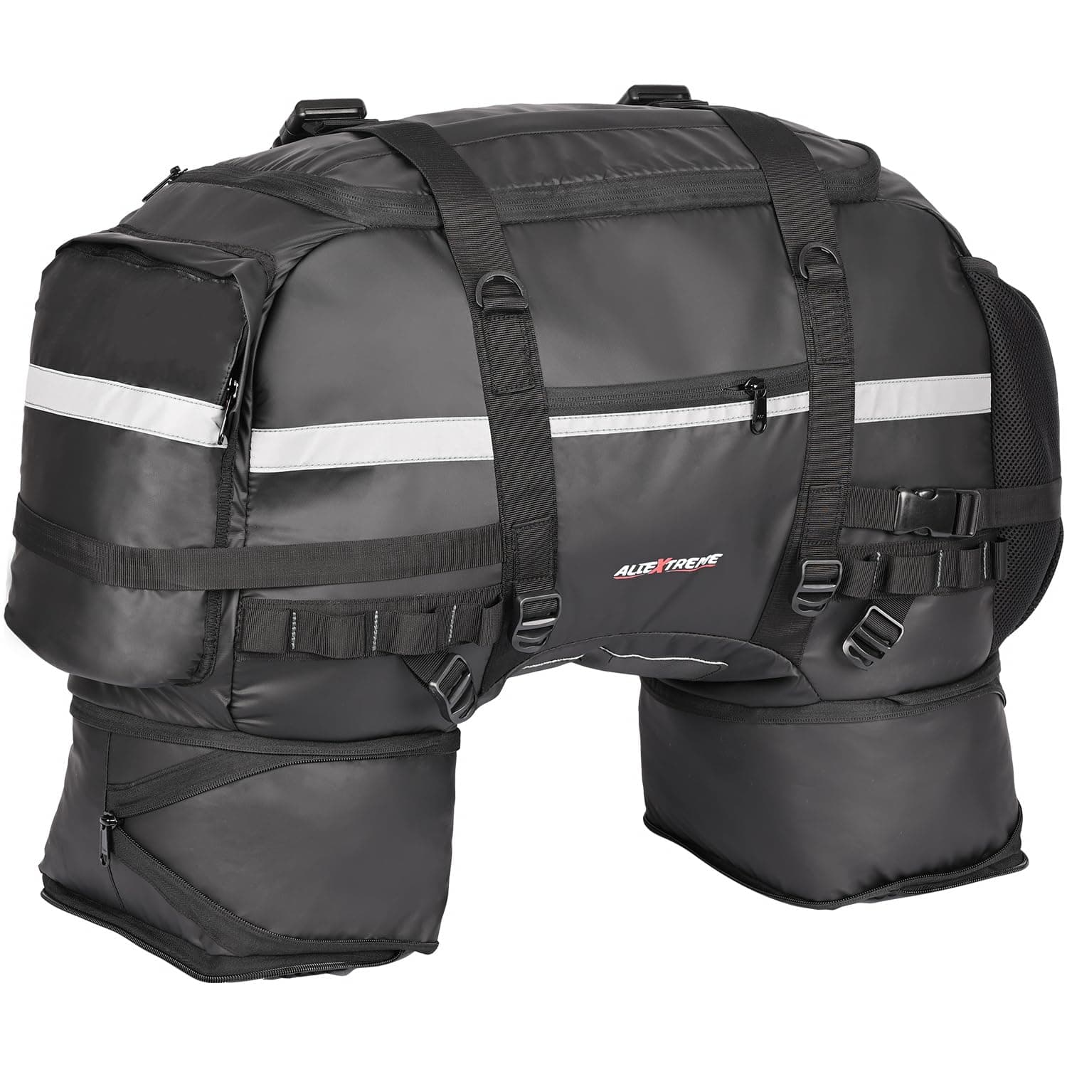 Allextreme 65L Waterproof Motorcycle Tail Bag Universal Rear Carrier Saddle Bag with Rain Cover, Expandable Multi-Compartment Storage & Polyester Build Touring Luggage Bag for All Bikes (Black)