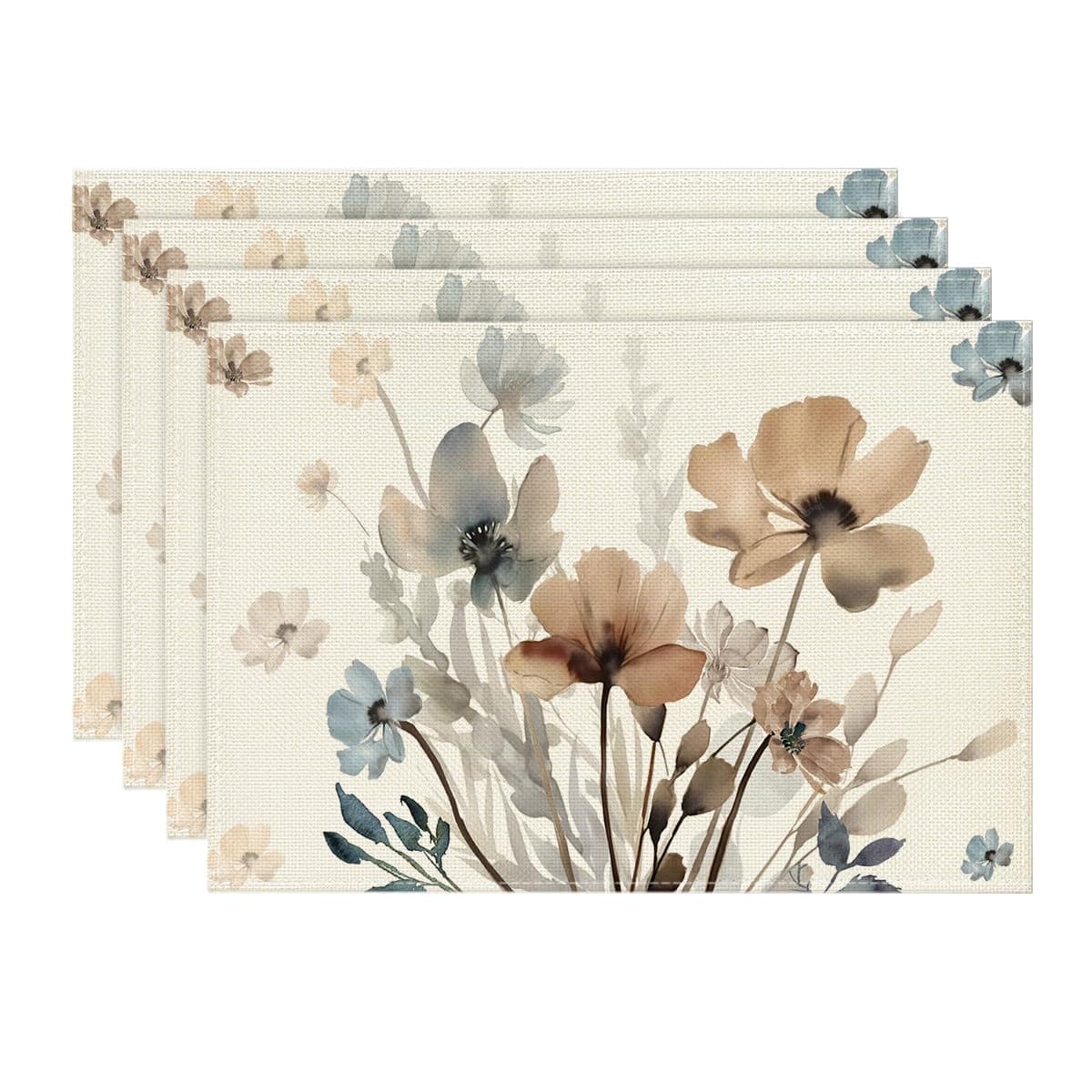 Artoid Mode Brown Poppy Floral Leaves Fall Placemats Set of 4, 12x18 Inch Seasonal Spring Table Mats for Party Kitchen Dining Decoration