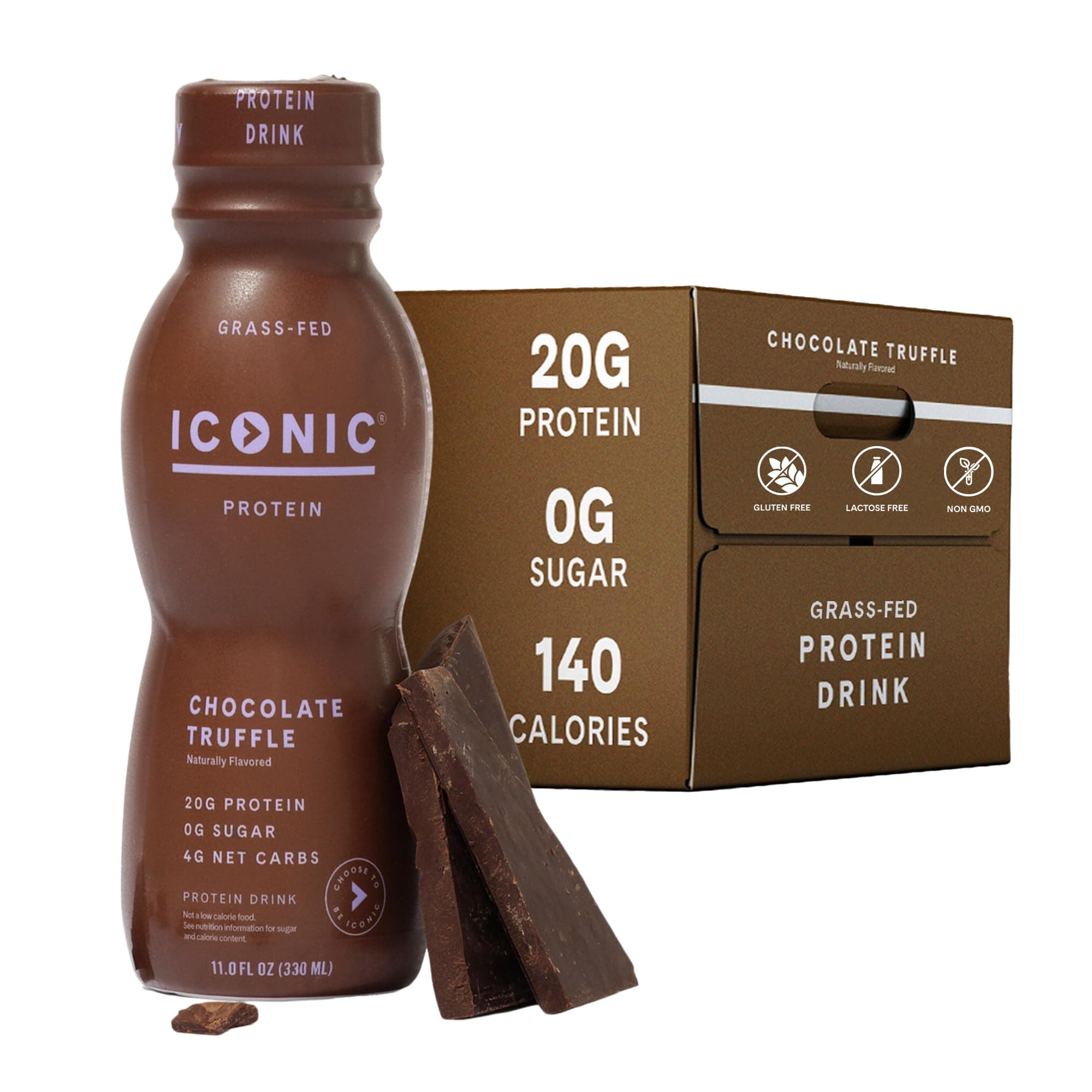 Protein Drinks, Chocolate Truffle (12 Pack) - Sugar Free & Low Carb - 20g Grass Fed Protein - Lactose Free, Gluten Free, Non-GMO, Kosher - Keto Friendly Protein Shakes