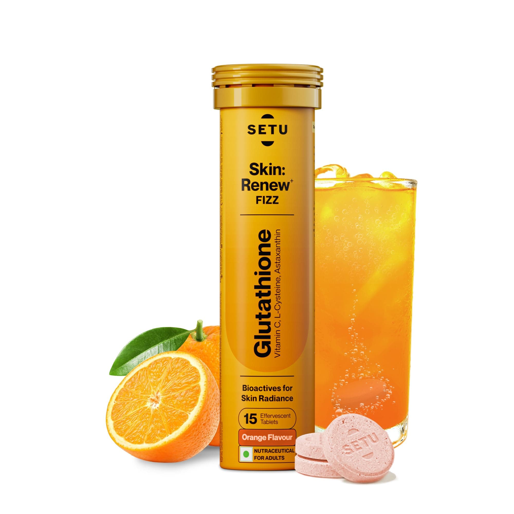 Setu Skin Renew Glutathione Tablets for Glowing Skin | 15 Effervescent Tablets with 500mg L-Glutathione & Vitamin C | Sugar-free Antioxidant & Skin Glow Supplement for Clear Skin | Orange (Pack of 1)