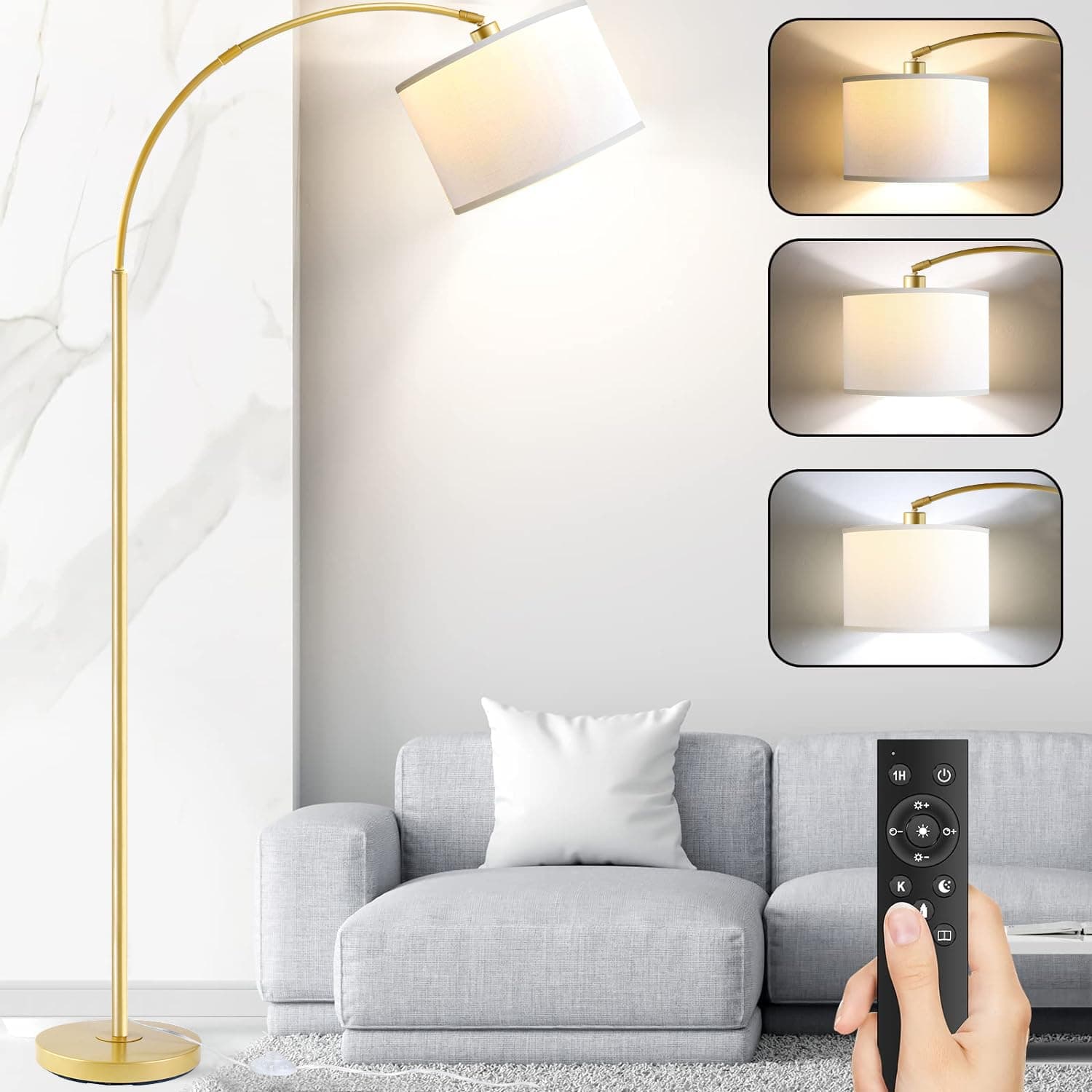 Arc Floor Lamps for Living Room, Modern Remote Control Standing FLamp with Stepless Dimmable, Gold Tall Lamp with White Drum Shade,Over Couch Arched Reading Light for Bedroom, Office(Bulb Included)