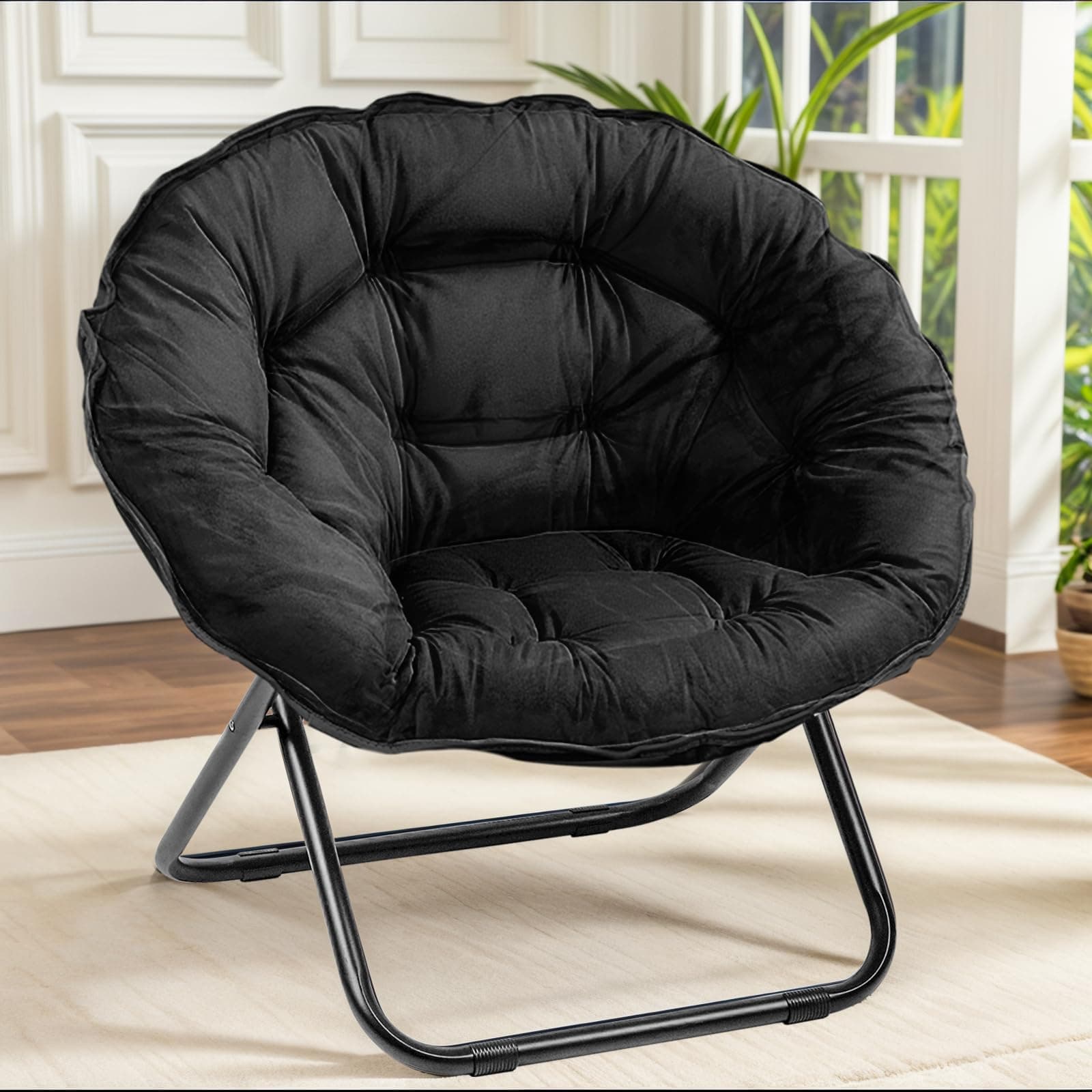 Folding Saucer Chair, Oversized Lazy Moon Chair with Metal Frame, Comfy Bedroom Chairs for Bedroom, Living Room, Study Black JC