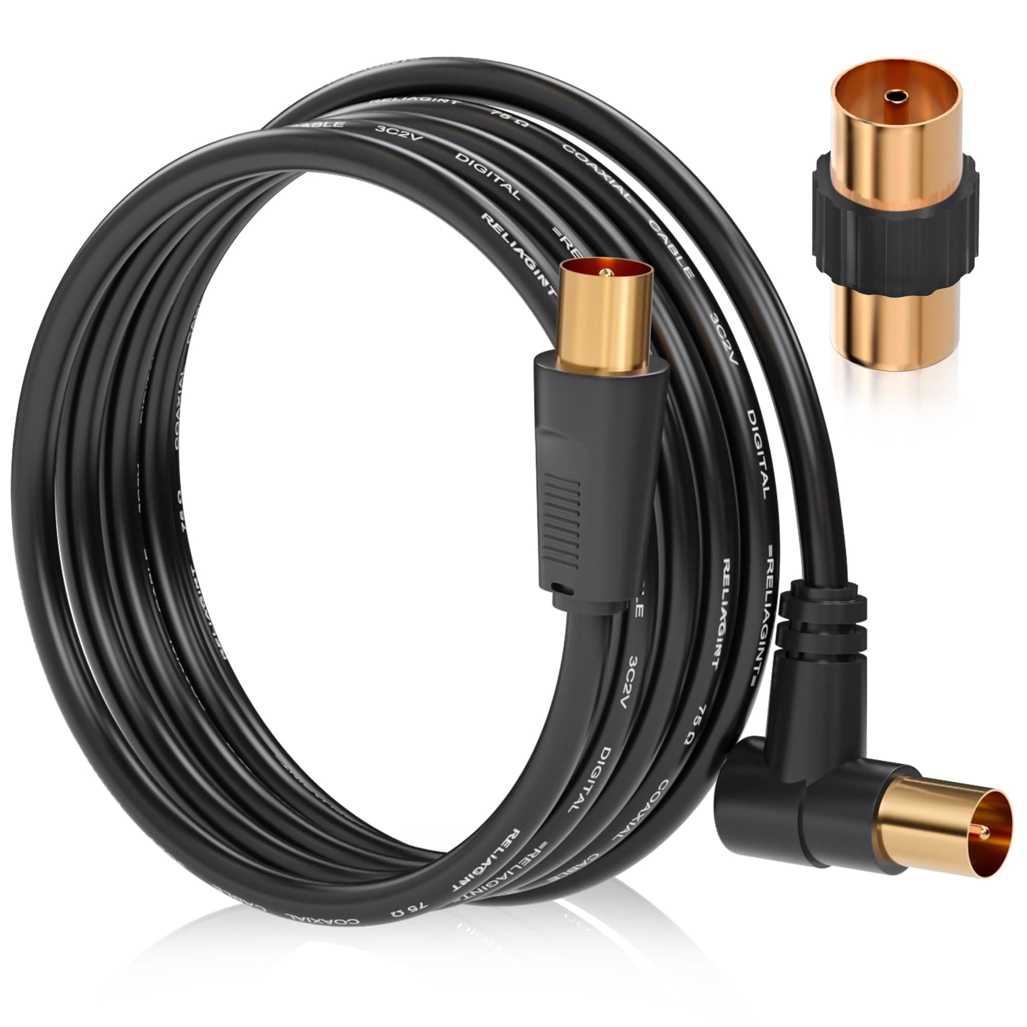 TV Aerial Cable 0.5m – Pure Copper TV Coaxial Cable with Dual Shielding for Strong Signal – Straight or Right-Angle – Female-to-Female Adaptor Included – Fire-Resistant Aerial Connectors