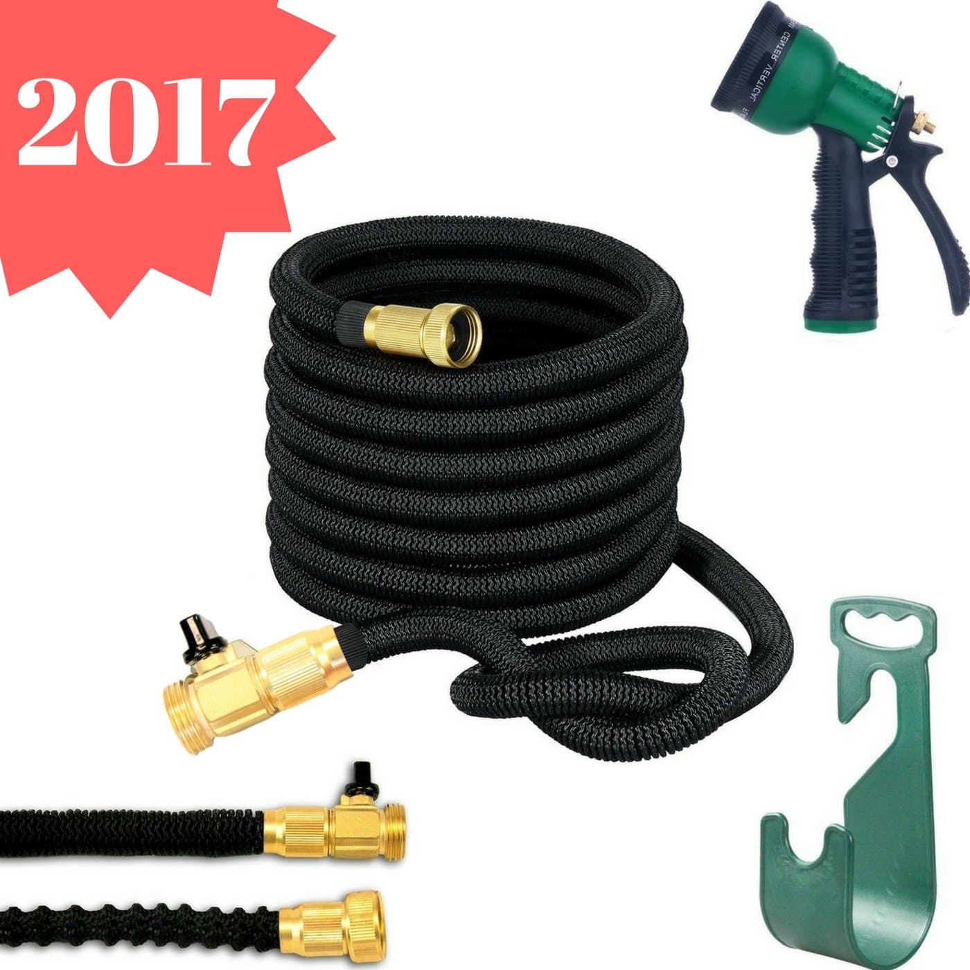 ProHoze ExHo-Black50 50-Feet Expandable Garden Hose with Brass Connector, 8 Pattern Nozzle, Hand Sprayer, Rust-Free Hose Hanger, Bag and Brass Fitting