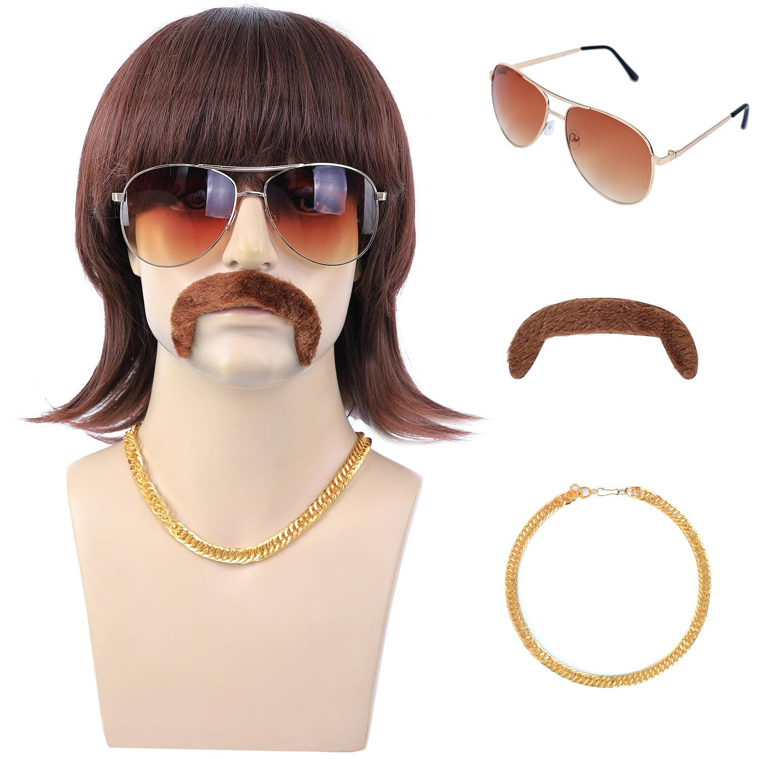 5pcs Set 70s 80s Disco Wig with Mustache Glasses and Chain | Short Brown Mens Mullet Wig for 60s Singer Rocker Hippies Costume Cosplay Halloween Party