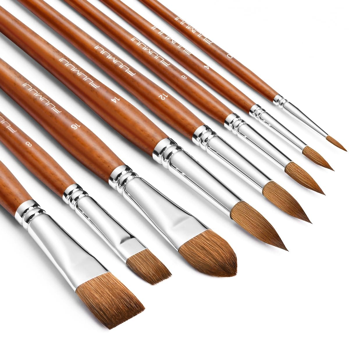 Sable Watercolor Brushes Professional, Fuumuui 8Pcs Sable Brush Set Variety Shapes with Flat, Round Pointed, Liner, Cat's Tongue Oval Wash Perfect for Watercolor Acrylic Gouache Inks Painting