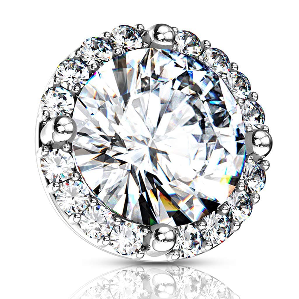 14G Dermal Tops with Large 8.4mm Prong Set Cubic Zirconia Center, Gold Plated Surgical Steel Dermal Piercing Jewelry Tops, Rhodium/14Kt Gold Plated