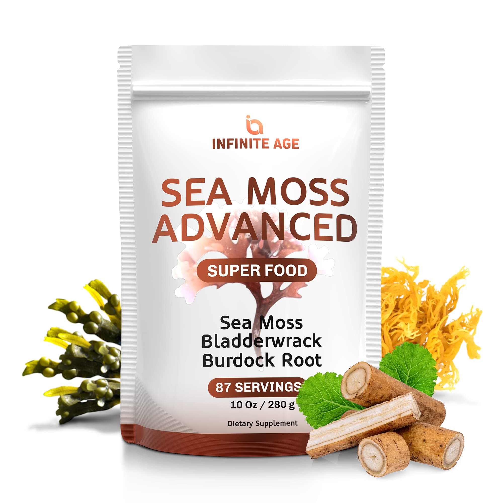 Infinite Age Sea Moss Powder with Bladderwrack & Burdock Root - Derived from Wlidcrafted Irish Sea Moss Organic Raw – For Skin, Thyroid, Joint & Immunity Support - Superfood Vitamin Powder Blend, 10oz