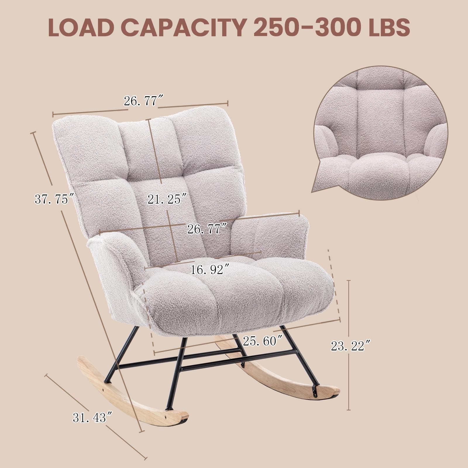 Rocking Chair Nursery Teddy Upholstered Glider Rocker Rocking Accent Chair Padded Seat with High Backrest Armchair Comfy Side Chair for Living Room Bedroom Offices (Grey Teddy)