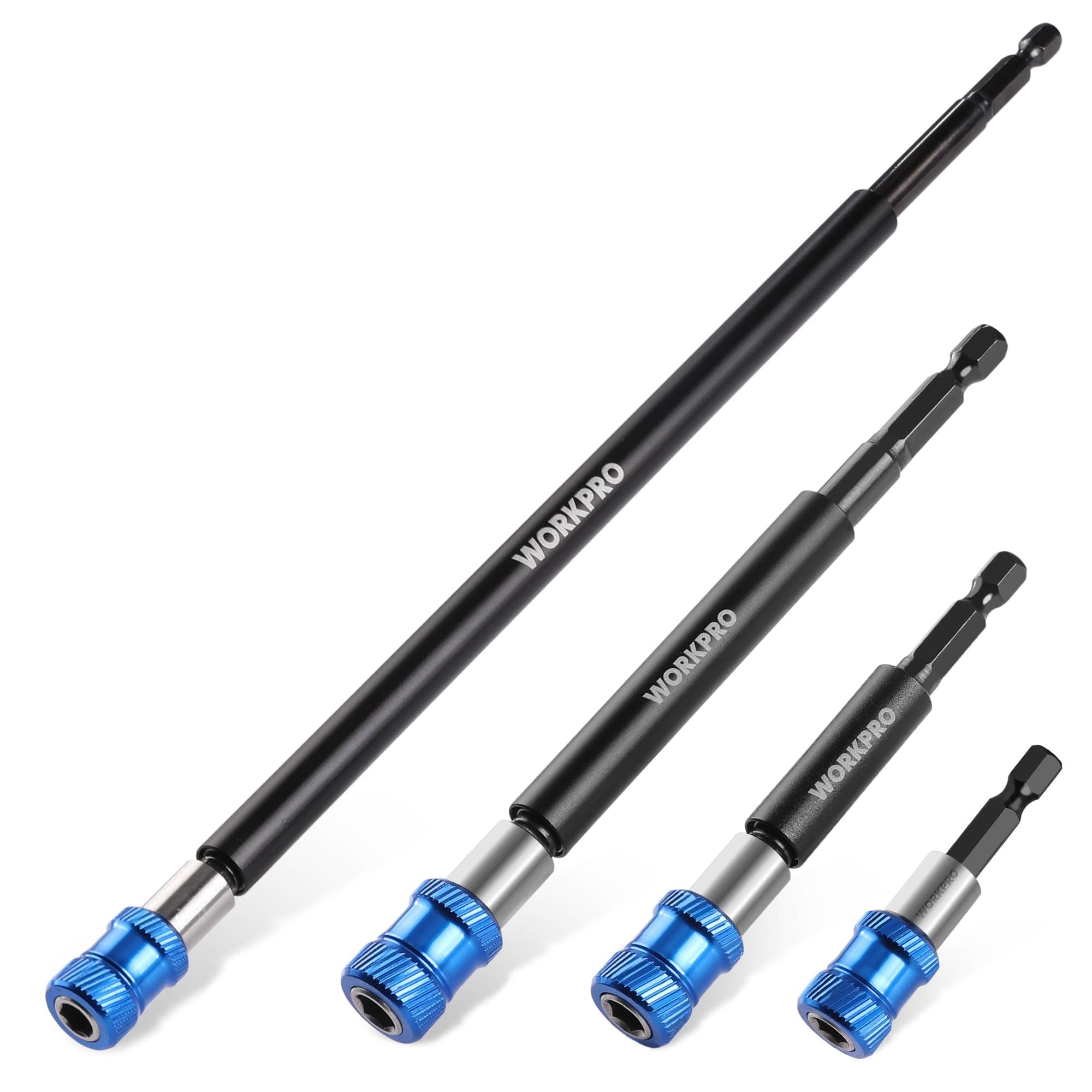 WORKPRO Drill Bit Extension Set, 4Pcs Magnetic Drill Screwdriver Bit Holder Extender with Aluminum Sleeve, 1/4 Inch Hex Quick Release Bit Holder for Impact Driver and Drill in 2-3/8",4",6",12''